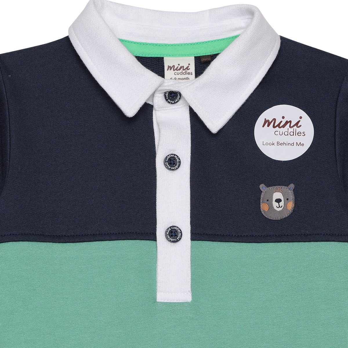 Baby Boys Navy Blue Green And White Cotton Blend Colour Block Full Sleeve Polo Romper Regular Fit Casual Wear