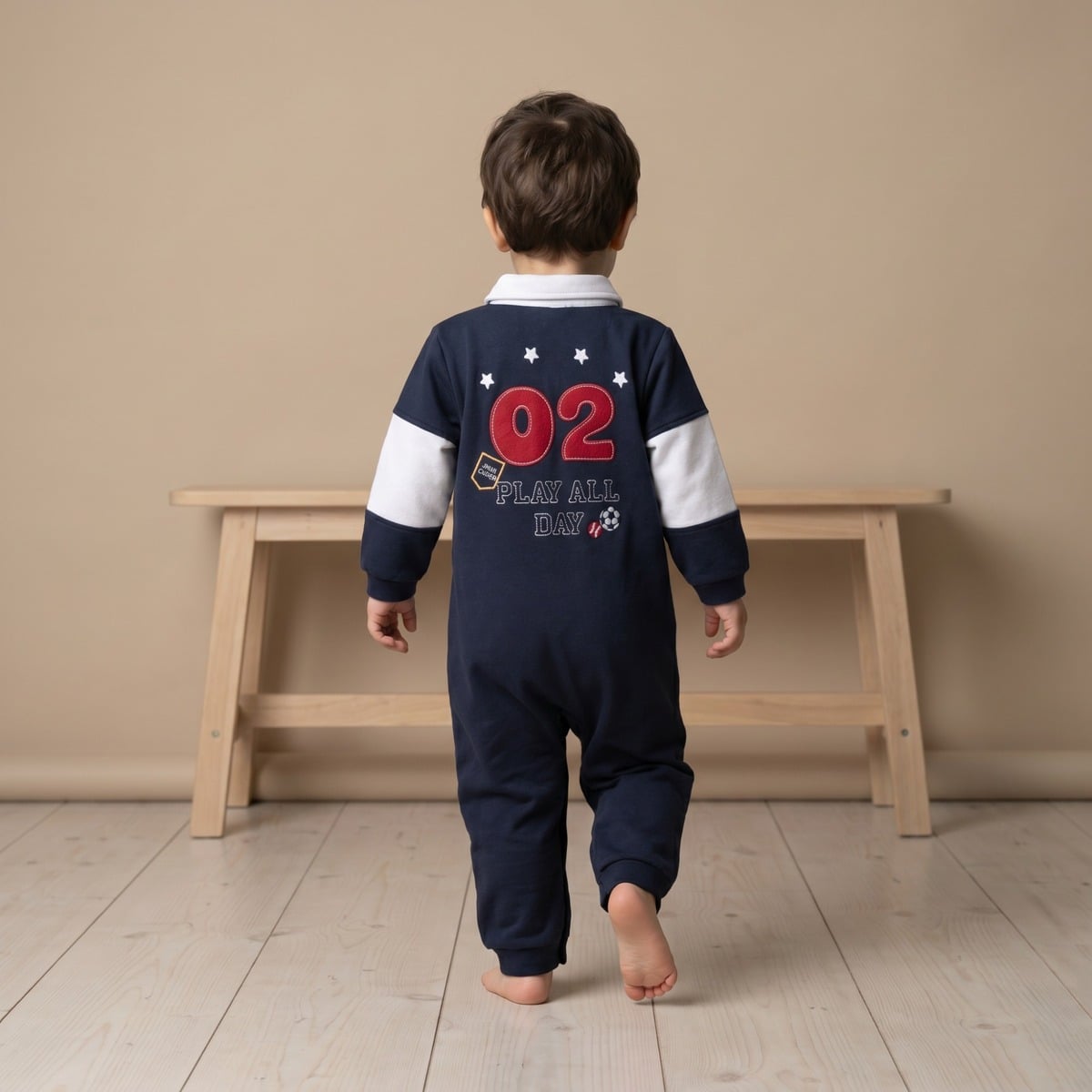 Baby Boys Navy Blue Green And White Cotton Blend Colour Block Full Sleeve Polo Romper Regular Fit Casual Wear