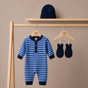 Baby Boys Blue and White Cotton Striped Romper Set with Cap and Mittens Regular Fit Winter Babywear
