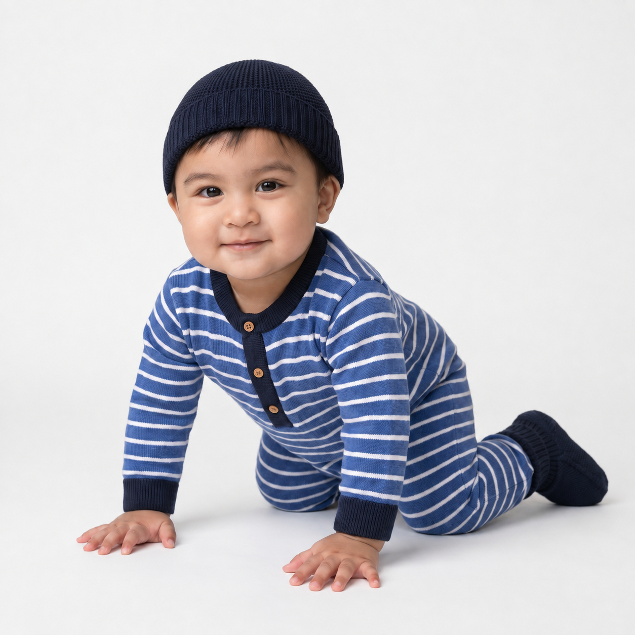 Baby Boys Blue and White Cotton Striped Romper Set with Cap and Mittens Regular Fit Winter Babywear