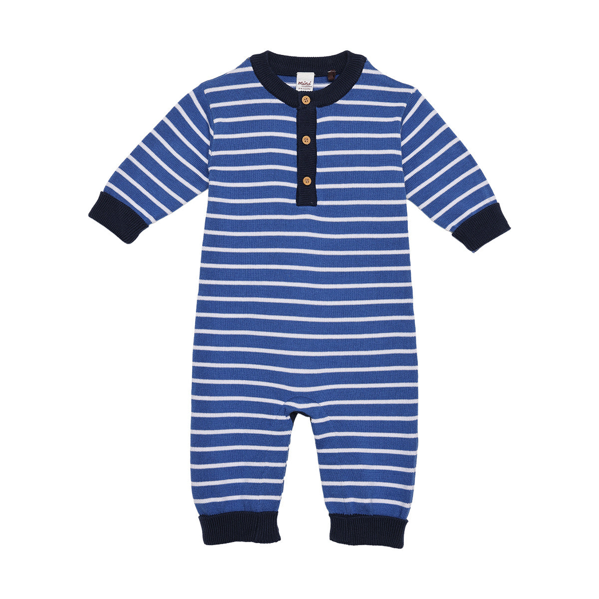 Baby Boys Blue and White Cotton Striped Romper Set with Cap and Mittens Regular Fit Winter Babywear