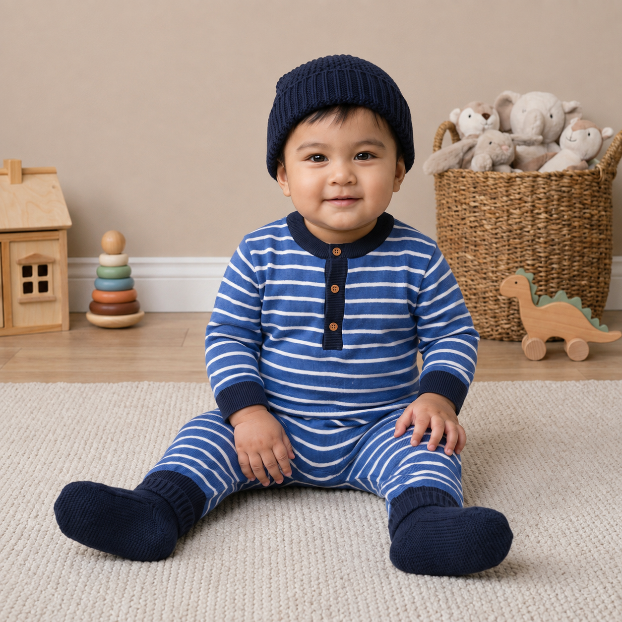 Baby Boys Blue and White Cotton Striped Romper Set with Cap and Mittens Regular Fit Winter Babywear