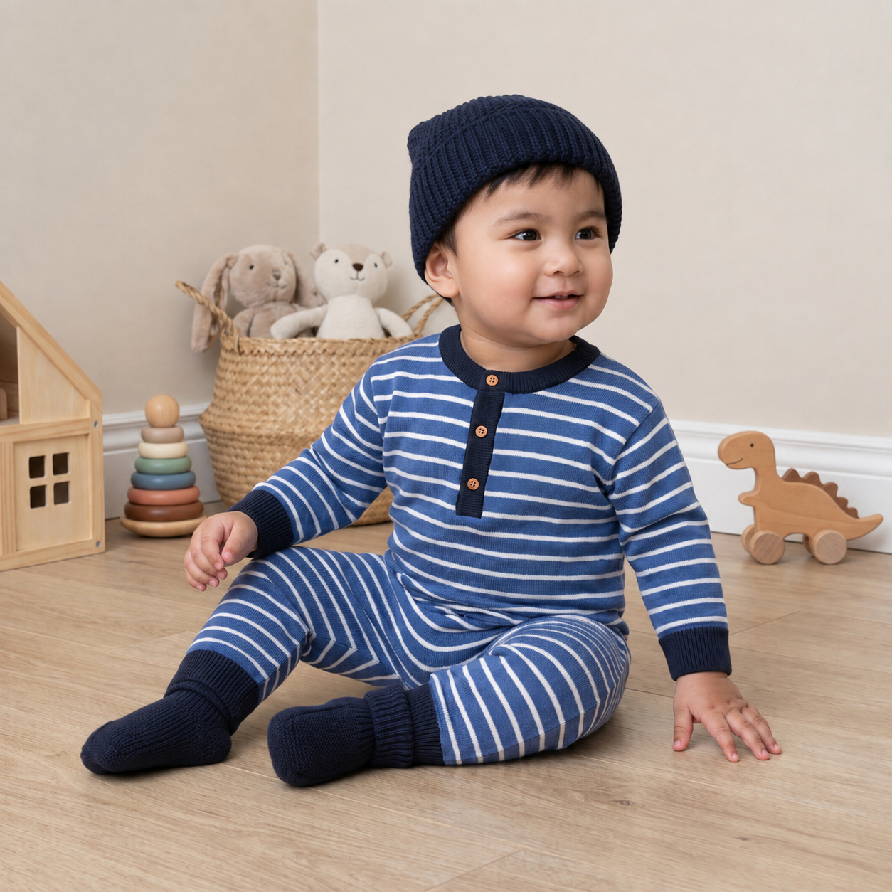 Baby Boys Blue and White Cotton Striped Romper Set with Cap and Mittens Regular Fit Winter Babywear