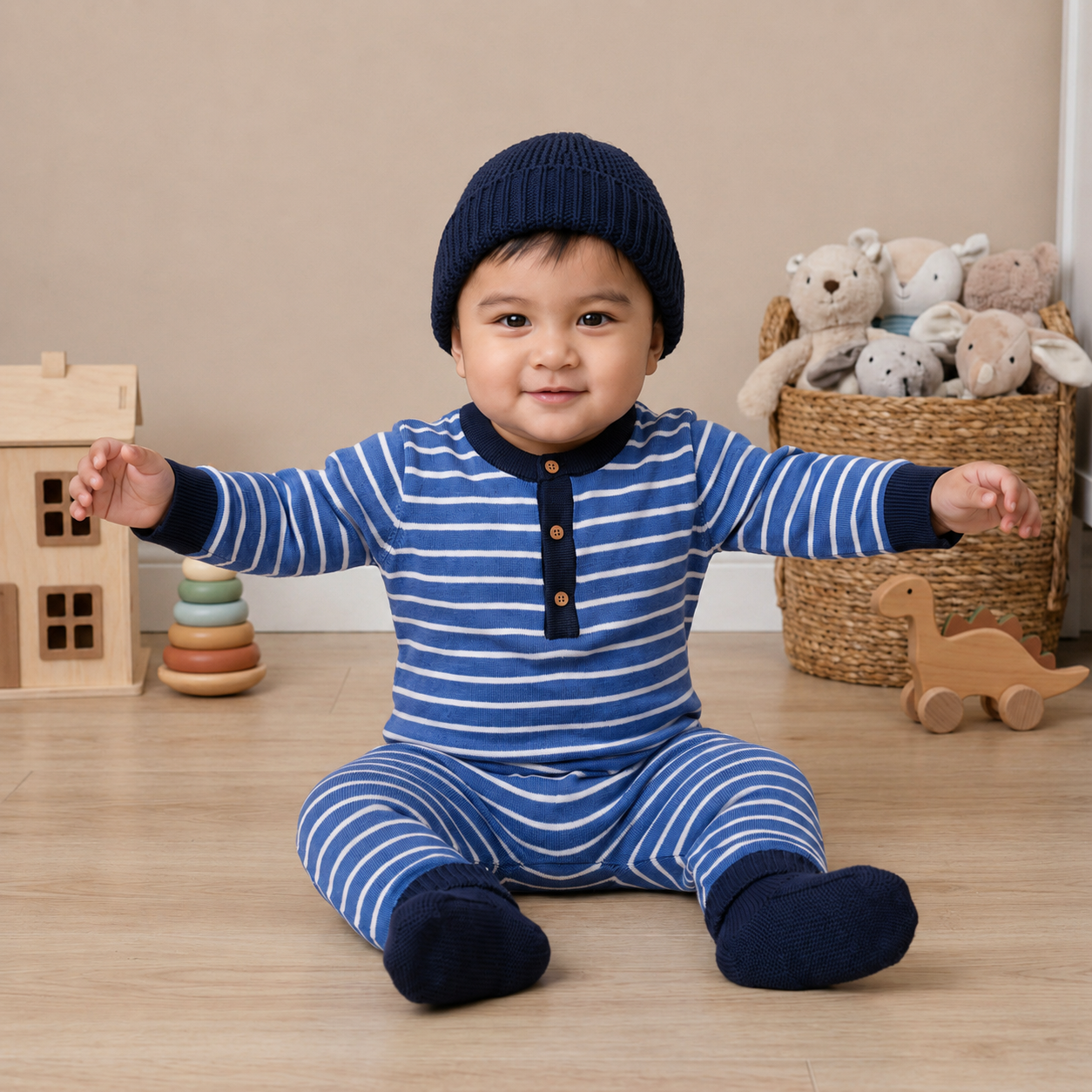 Baby Boys Blue and White Cotton Striped Romper Set with Cap and Mittens Regular Fit Winter Babywear