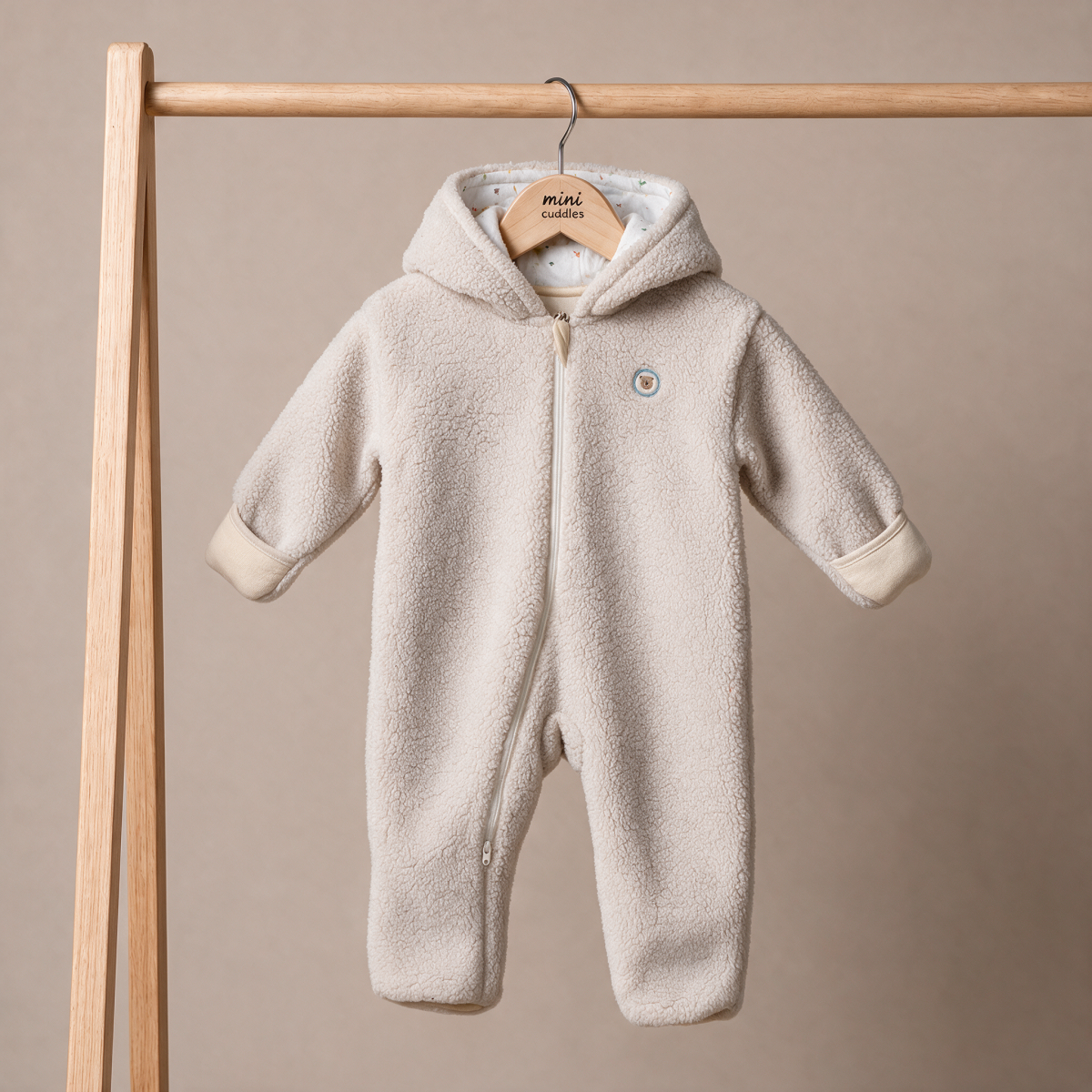 Baby Boys Off White Soft Fur Bear Badge Sherpa Hooded Romper Regular Fit Casual Wear