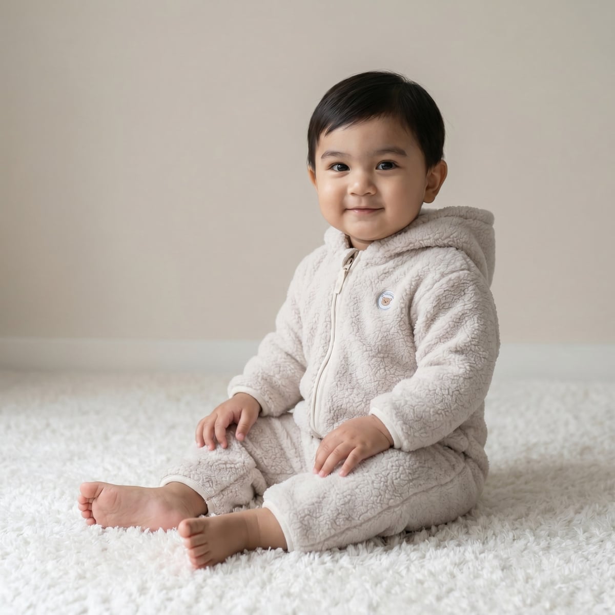 Baby Boys Off White Soft Fur Bear Badge Sherpa Hooded Romper Regular Fit Casual Wear
