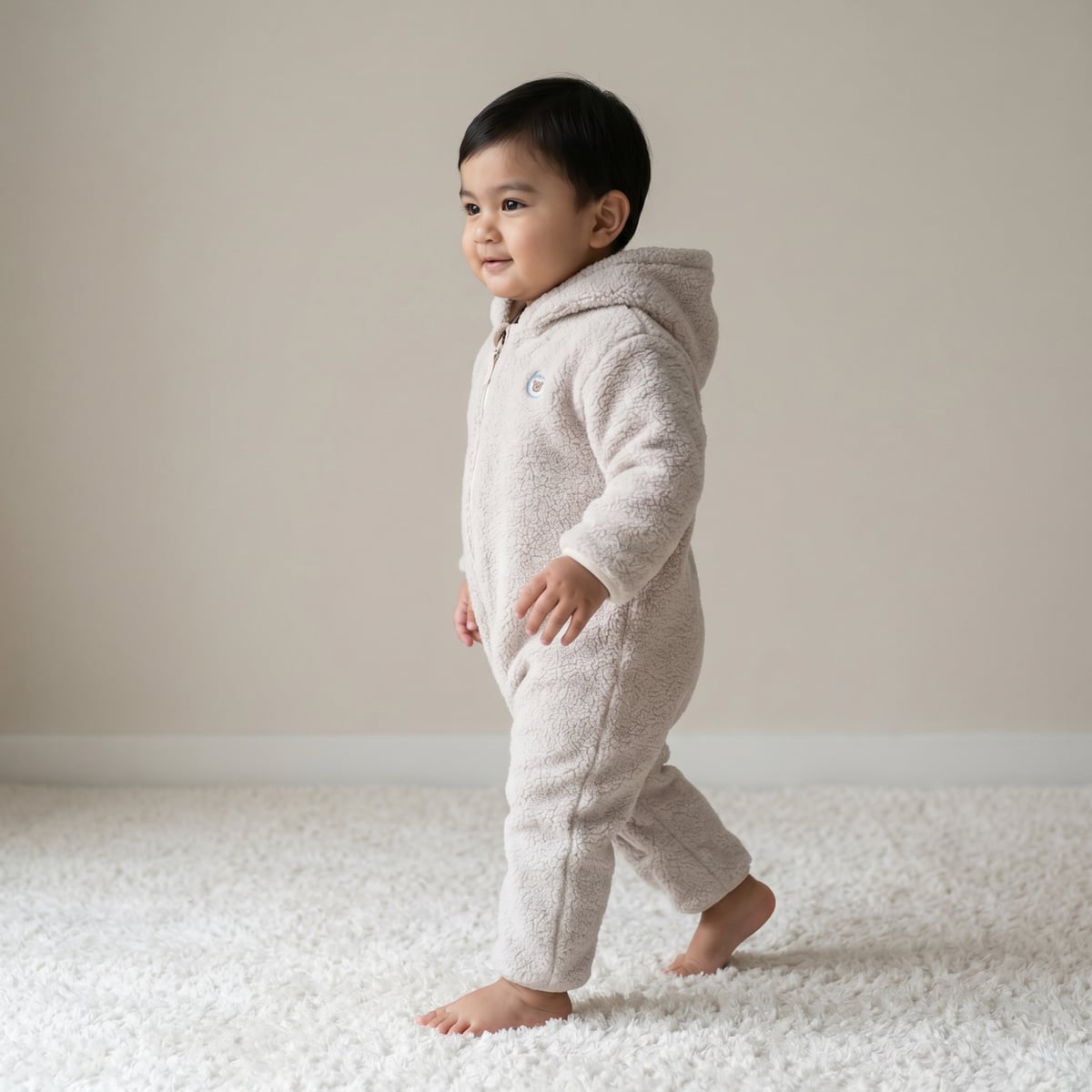 Baby Boys Off White Soft Fur Bear Badge Sherpa Hooded Romper Regular Fit Casual Wear