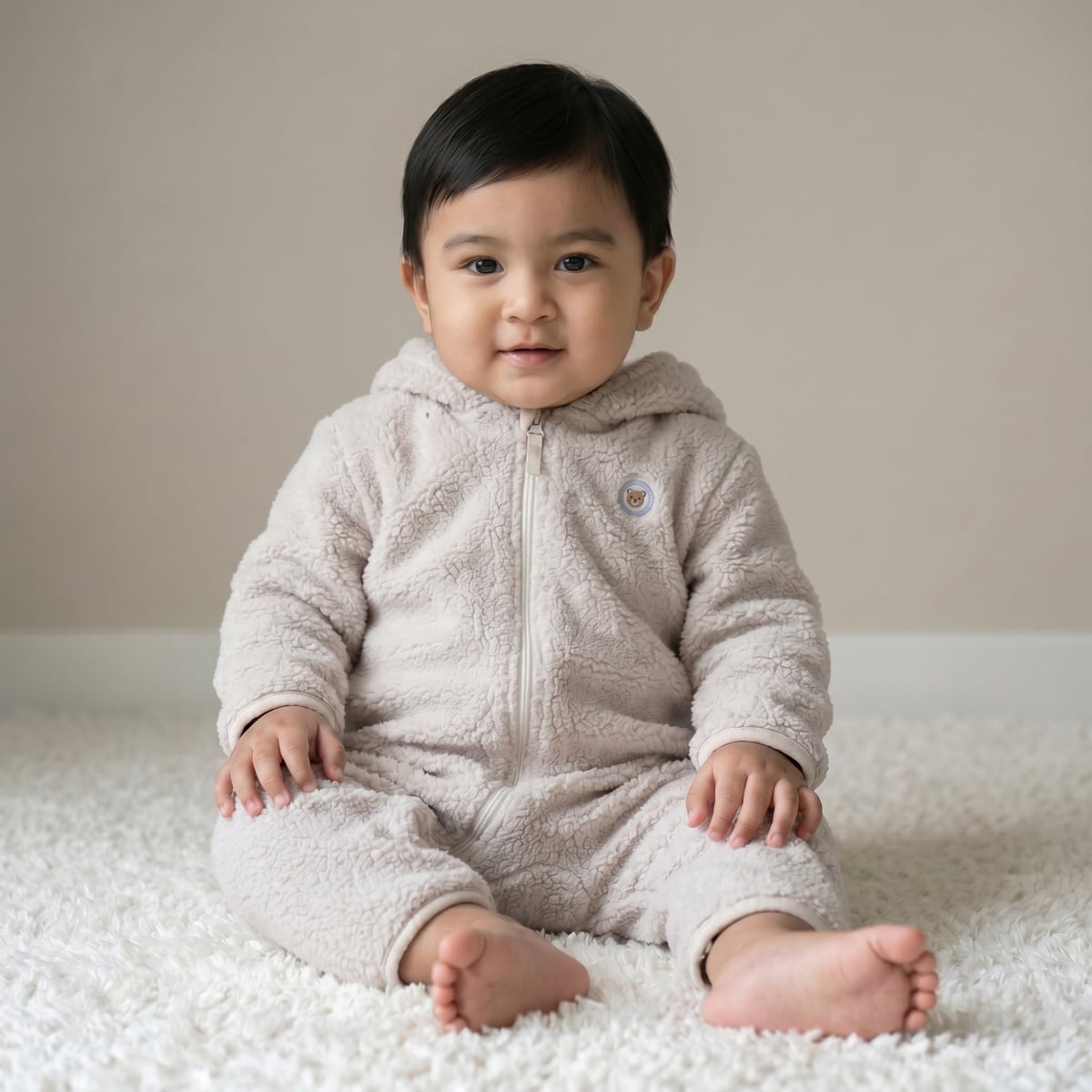 Baby Boys Off White Soft Fur Bear Badge Sherpa Hooded Romper Regular Fit Casual Wear