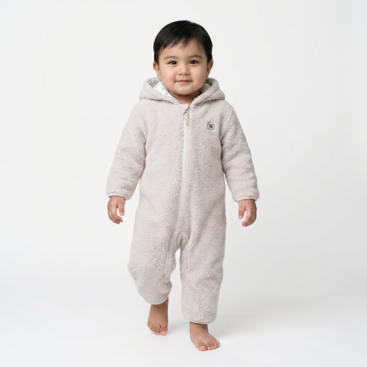 Baby Boys Off White Soft Fur Bear Badge Sherpa Hooded Romper Regular Fit Casual Wear