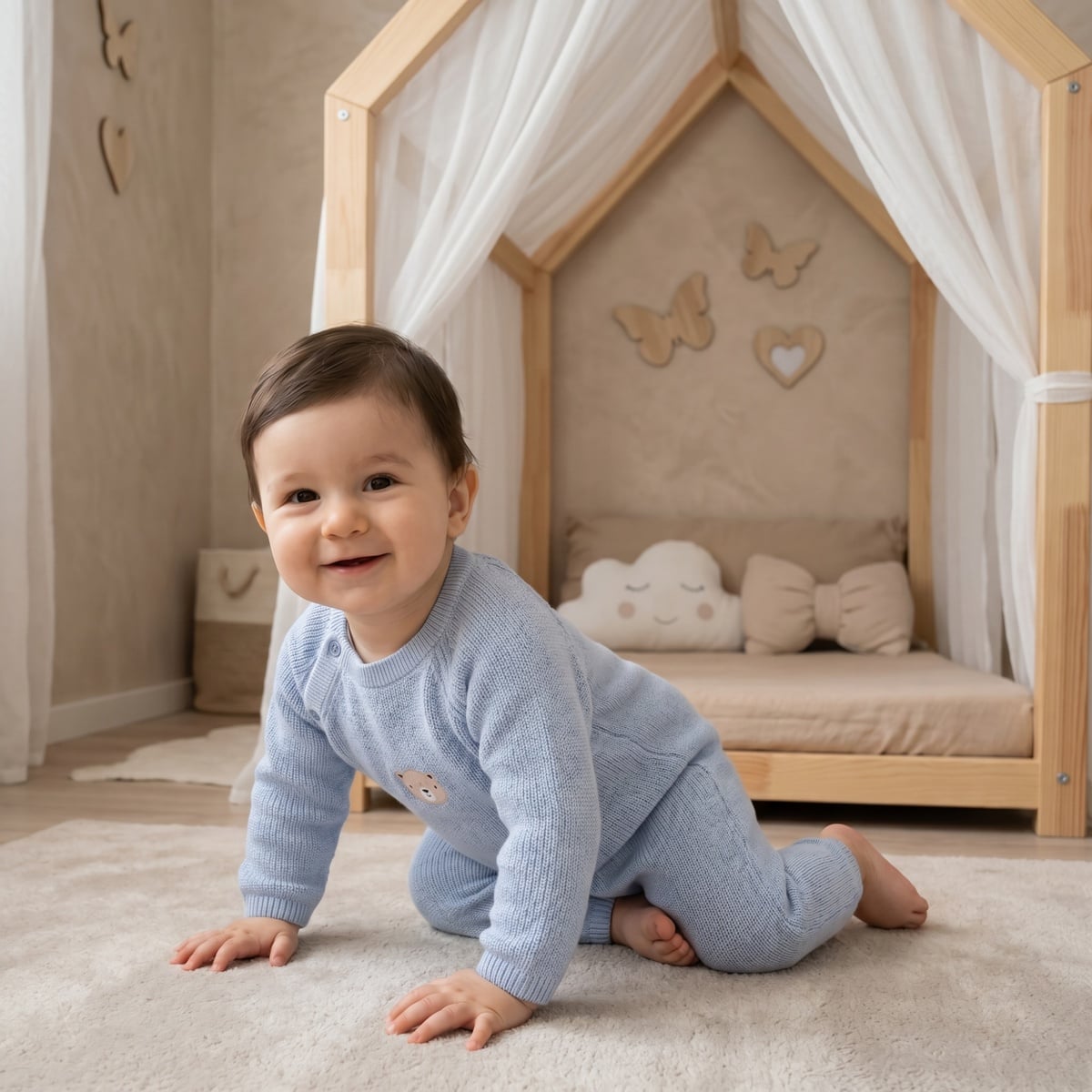 Baby Boys Light Blue Cotton Blend Bear Embroidered Knitted Full Sleeve Romper Regular Fit Casual Wear