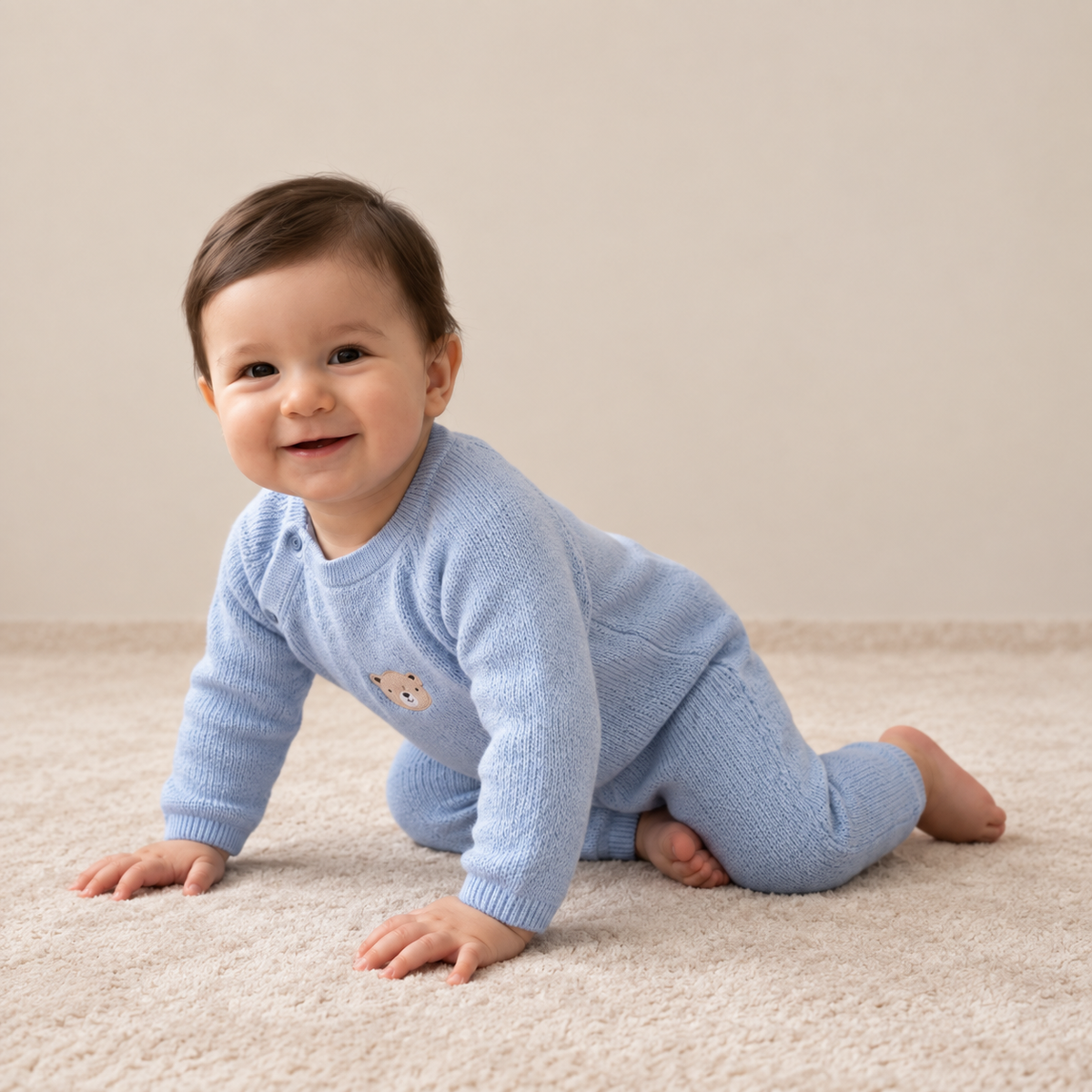 Baby Boys Light Blue Cotton Blend Bear Embroidered Knitted Romper