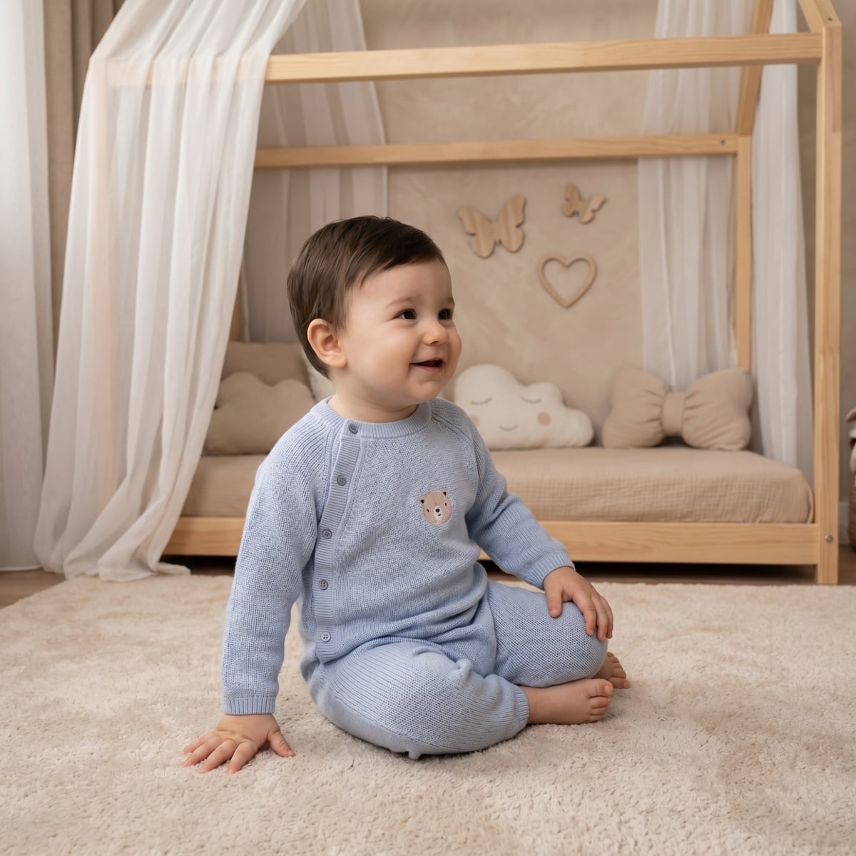 Baby Boys Light Blue Cotton Blend Bear Embroidered Knitted Full Sleeve Romper Regular Fit Casual Wear