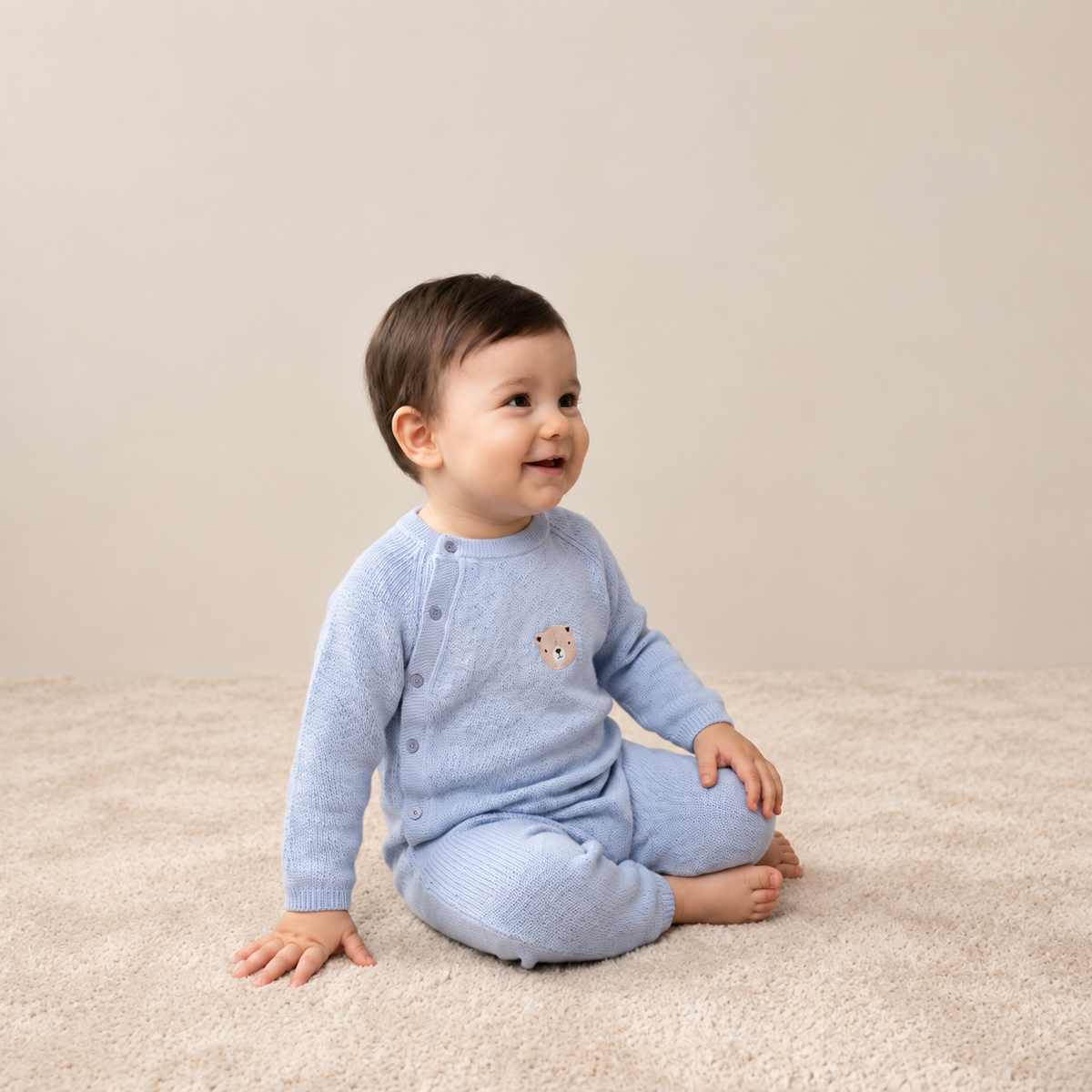 Baby Boys Light Blue Cotton Blend Bear Embroidered Knitted Romper