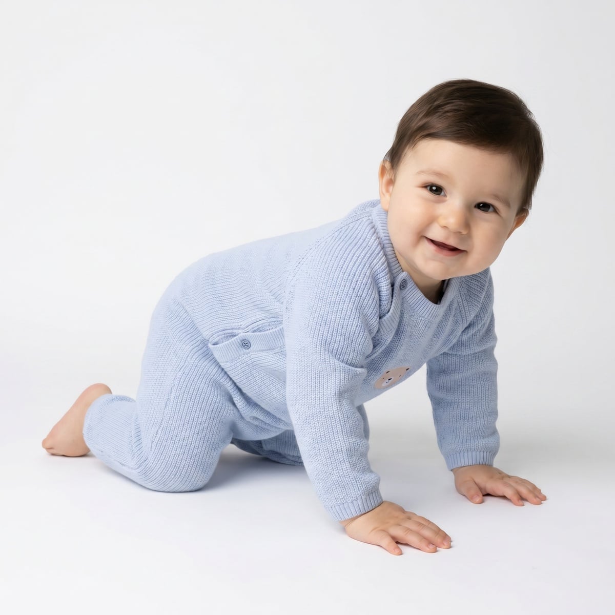 Baby Boys Light Blue Cotton Blend Bear Embroidered Knitted Full Sleeve Romper Regular Fit Casual Wear
