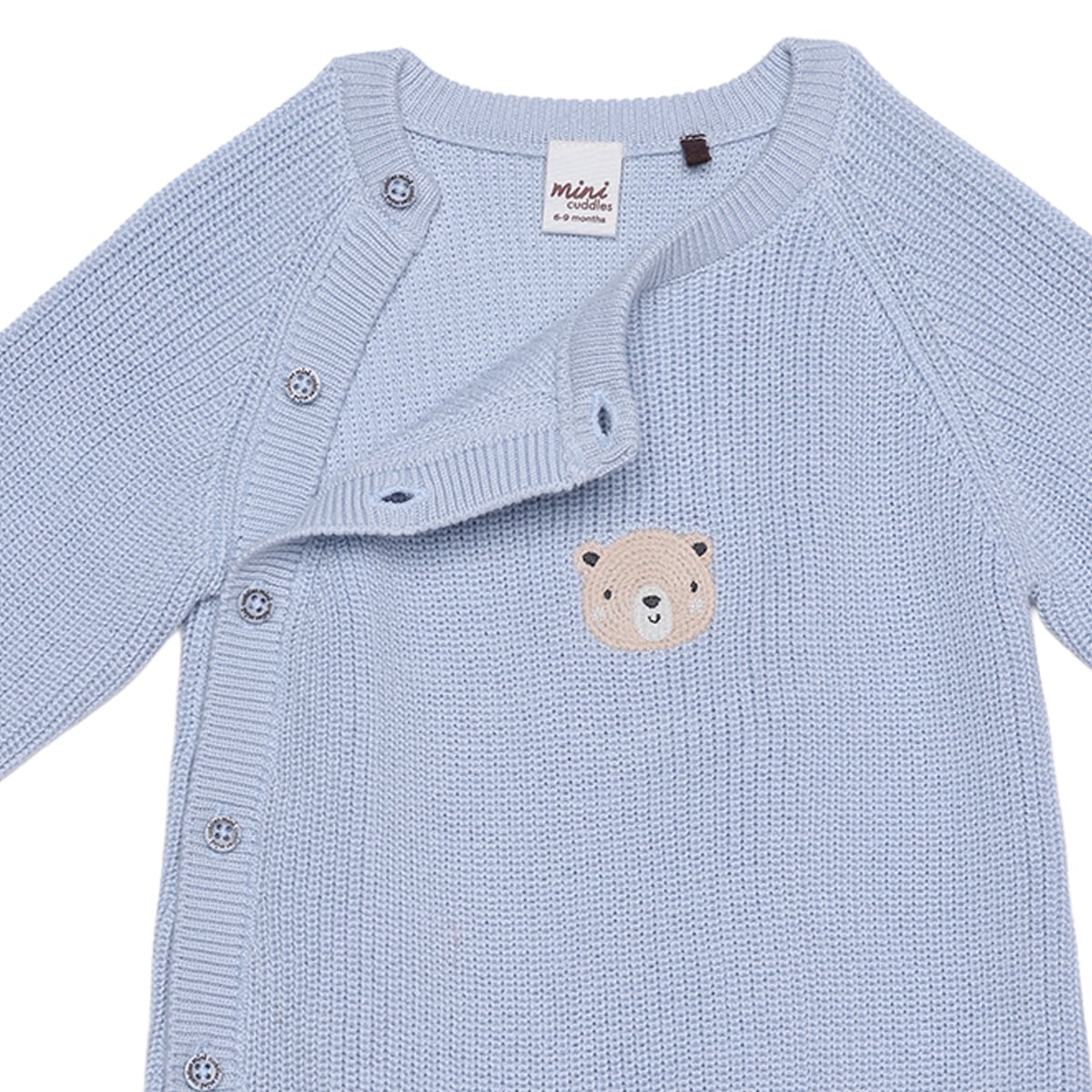Baby Boys Light Blue Cotton Blend Bear Embroidered Knitted Full Sleeve Romper Regular Fit Casual Wear