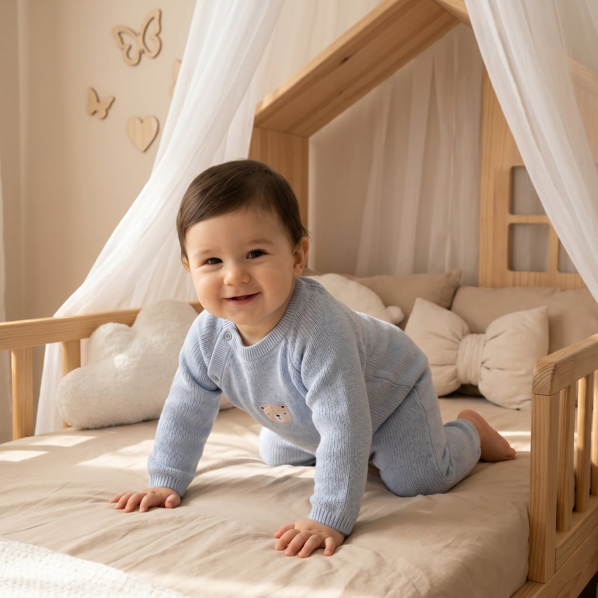 Baby Boys Light Blue Cotton Blend Bear Embroidered Knitted Full Sleeve Romper Regular Fit Casual Wear