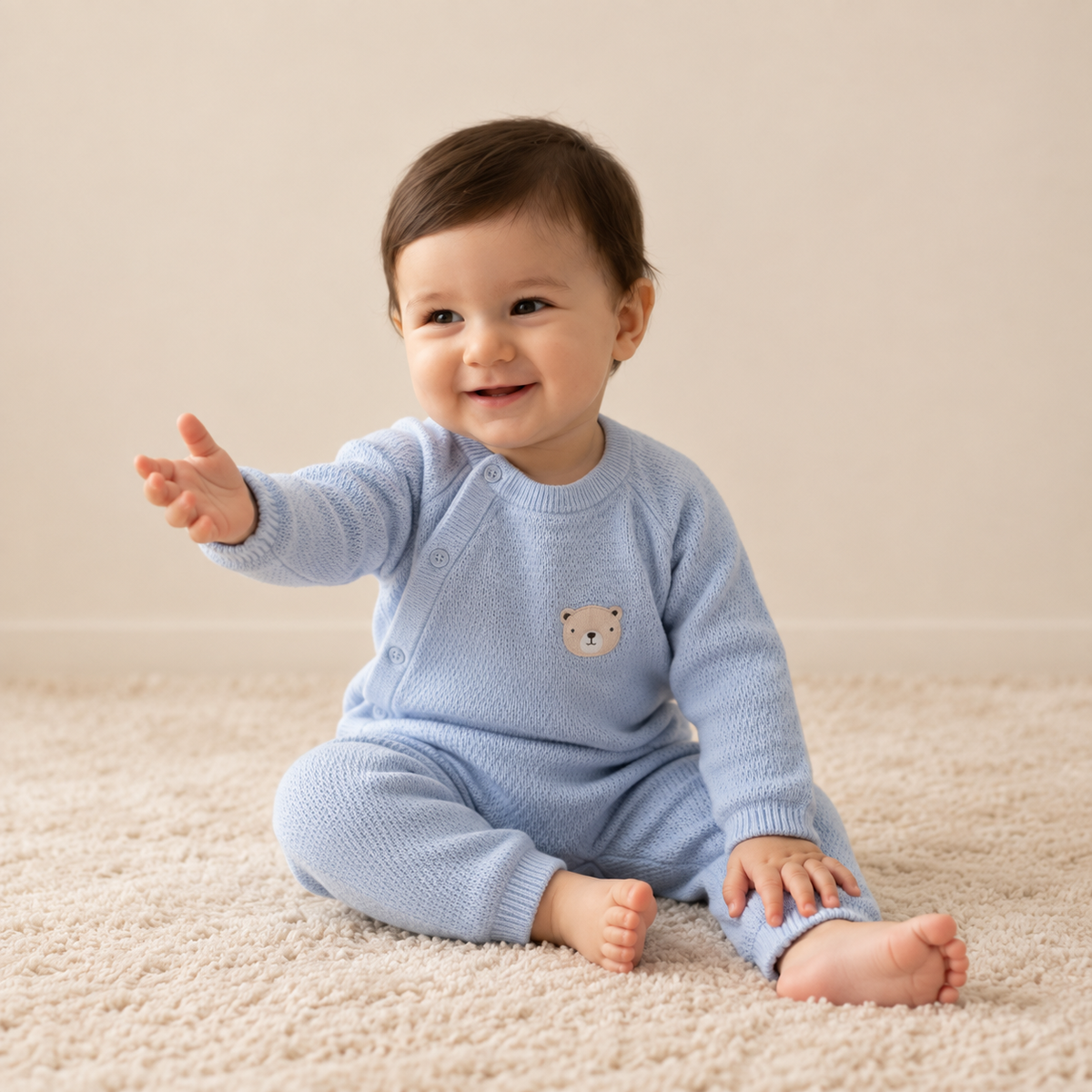 Baby Boys Light Blue Cotton Blend Bear Embroidered Knitted Romper