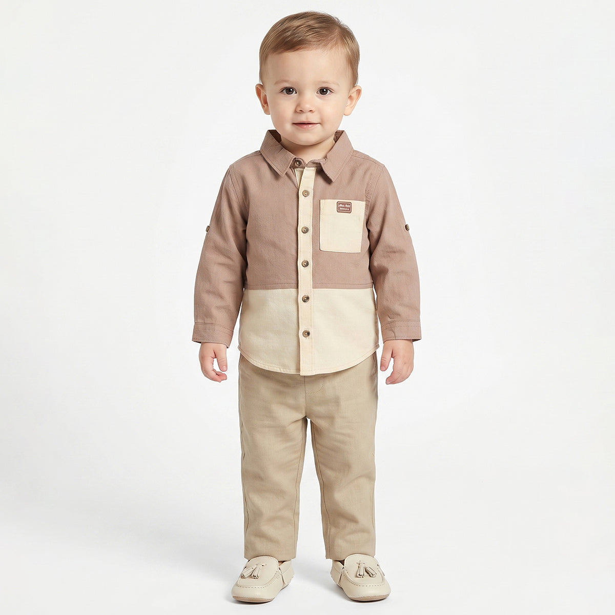 Baby Boys Brown and Beige Cotton Colorblock Shirt Regular Fit Casual Kids Wear