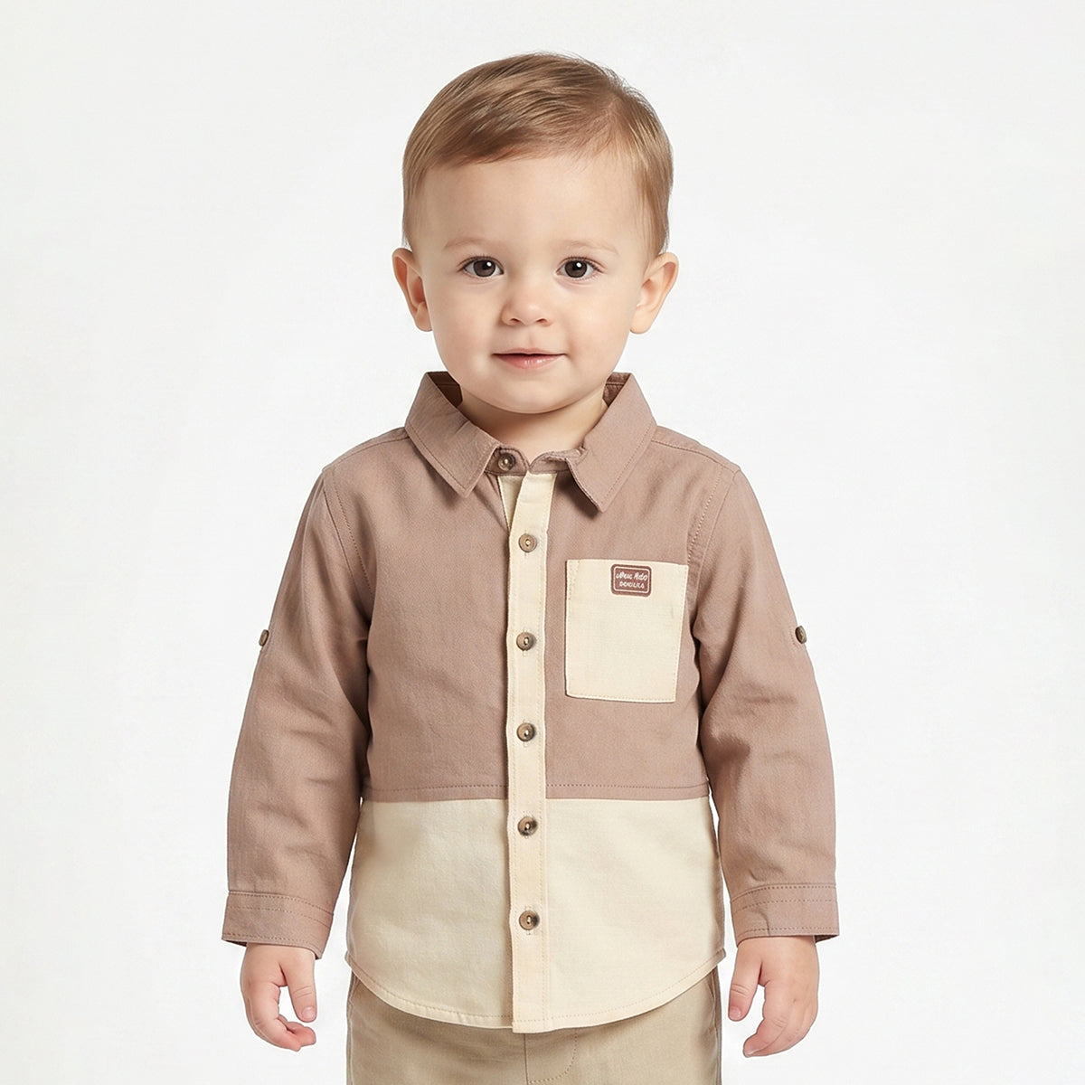 Baby Boys Brown and Beige Cotton Colorblock Shirt Regular Fit Casual Kids Wear