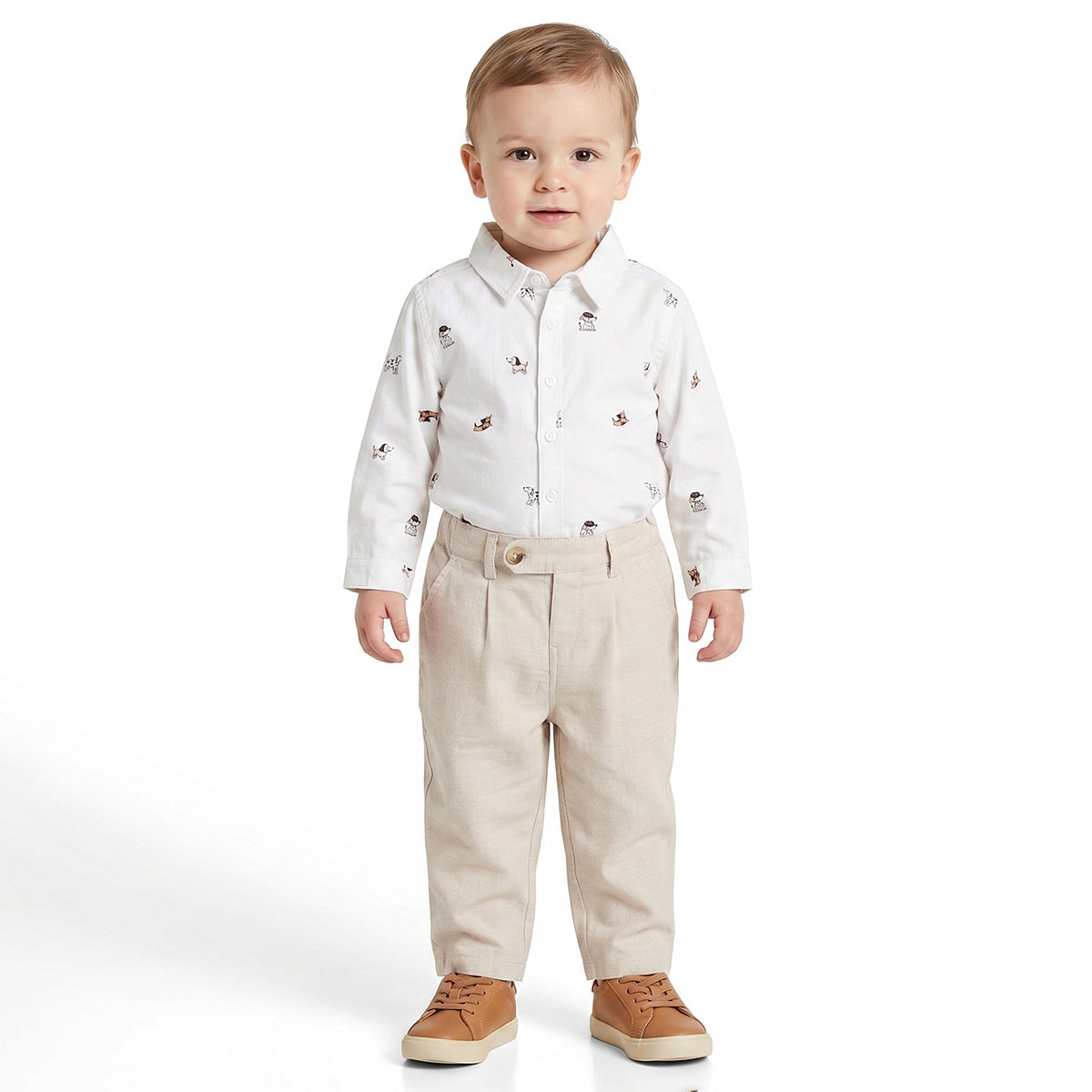 Baby Boys White Cotton Dog Print Shirt Regular Fit Casual Kids Wear