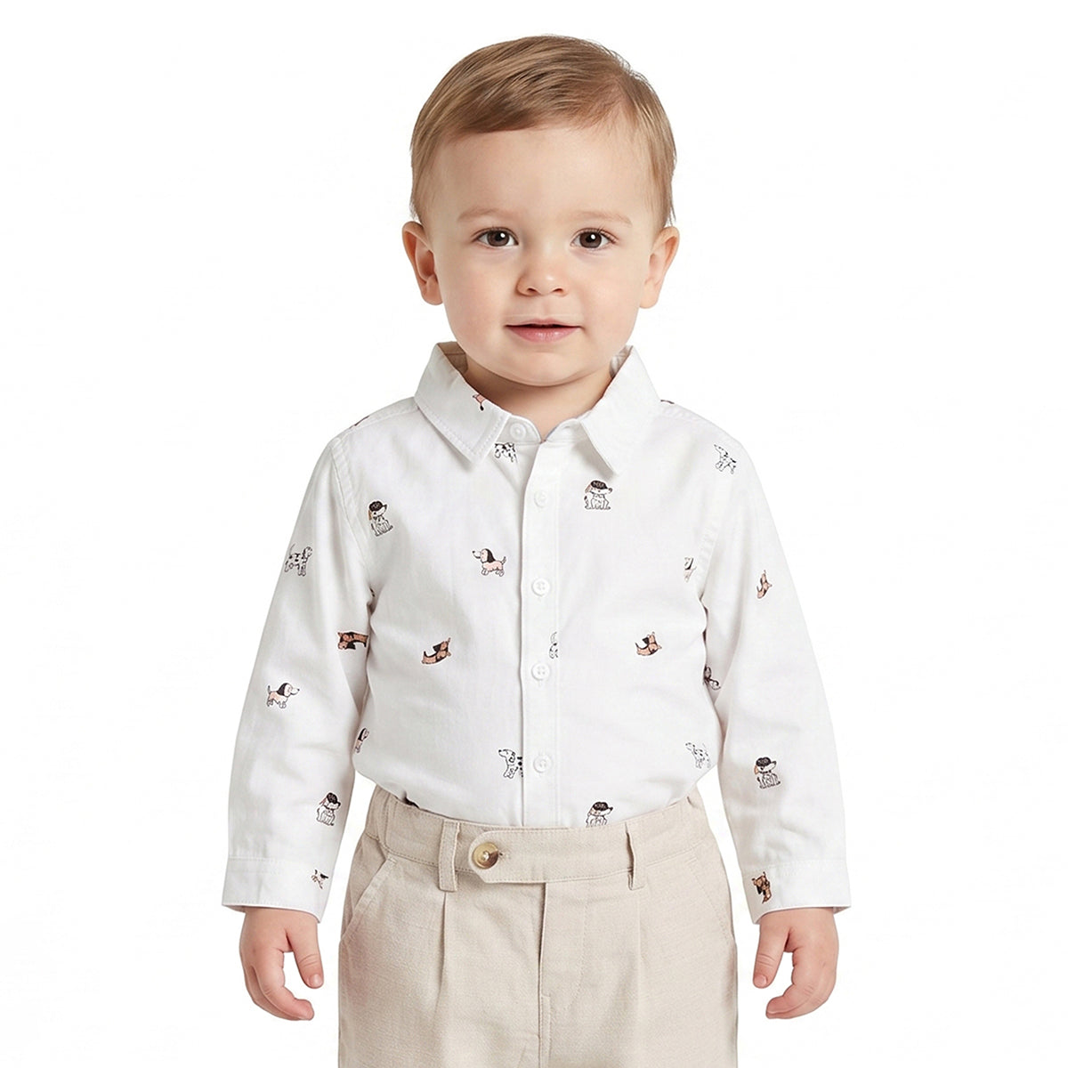 Baby Boys White Cotton Dog Print Shirt Regular Fit Casual Kids Wear