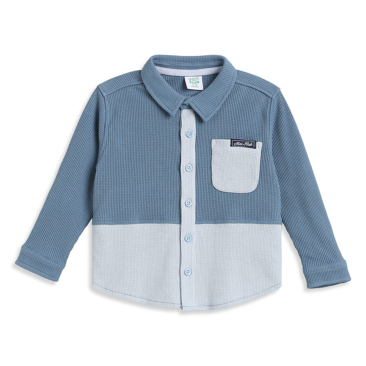 Baby Boys Blue & White Waffle Texture Colour Block Shirt Regular Fit Casual Kids Wear