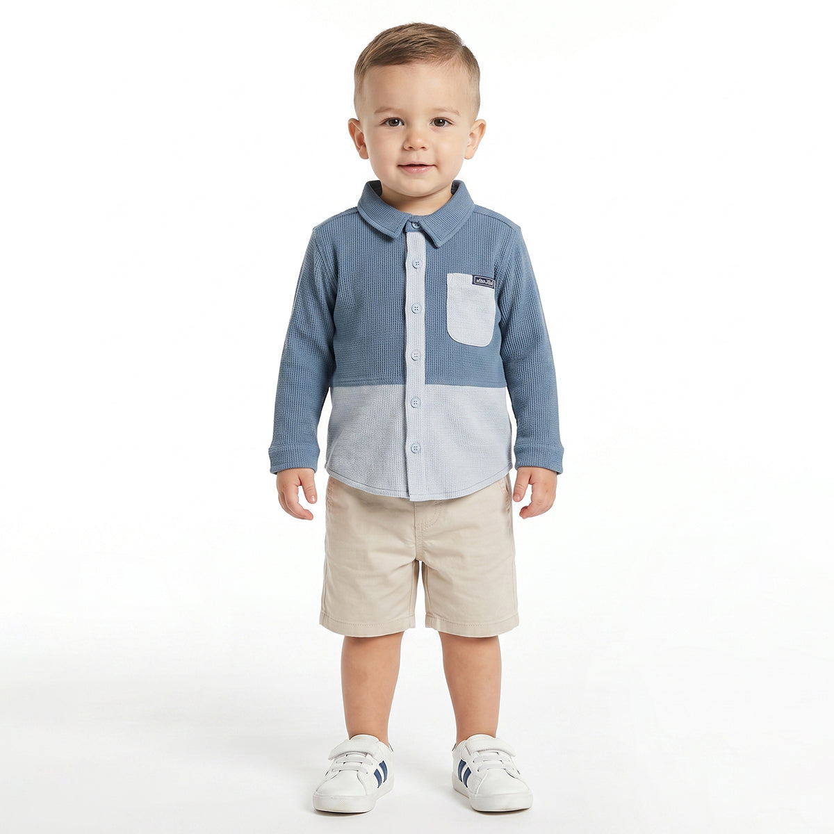 Baby Boys Blue & White Waffle Texture Colour Block Shirt Regular Fit Casual Kids Wear