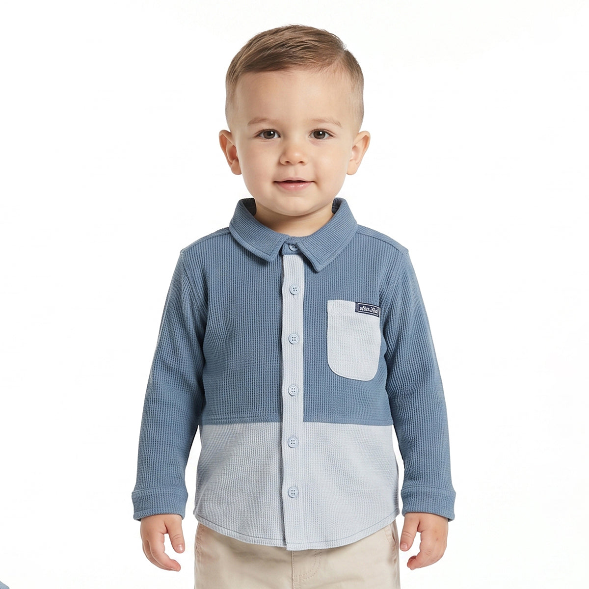 Baby Boys Blue & White Waffle Texture Colour Block Shirt Regular Fit Casual Kids Wear