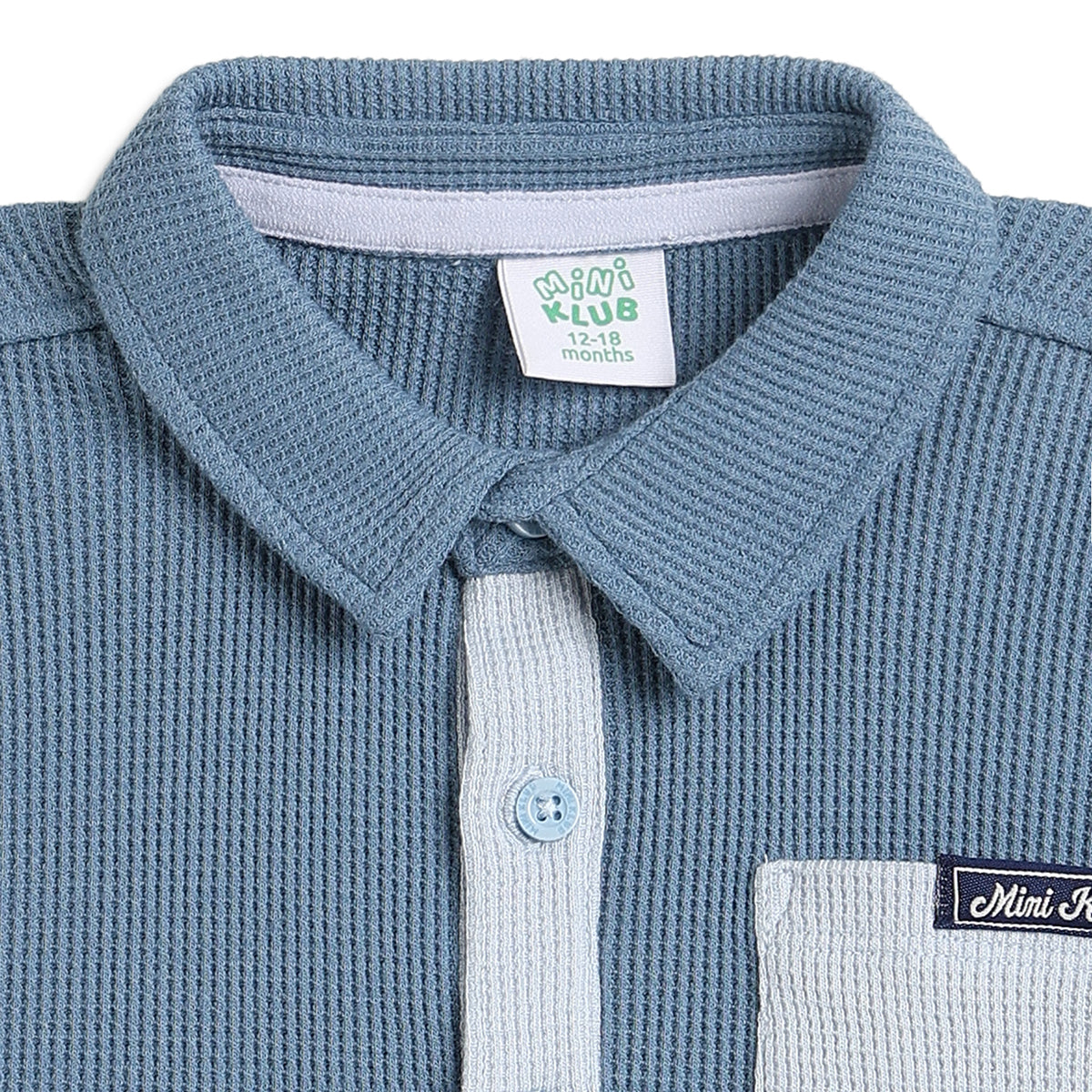 Baby Boys Blue & White Waffle Texture Colour Block Shirt Regular Fit Casual Kids Wear