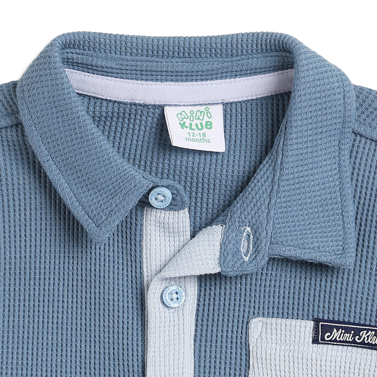 Baby Boys Blue & White Waffle Texture Colour Block Shirt Regular Fit Casual Kids Wear