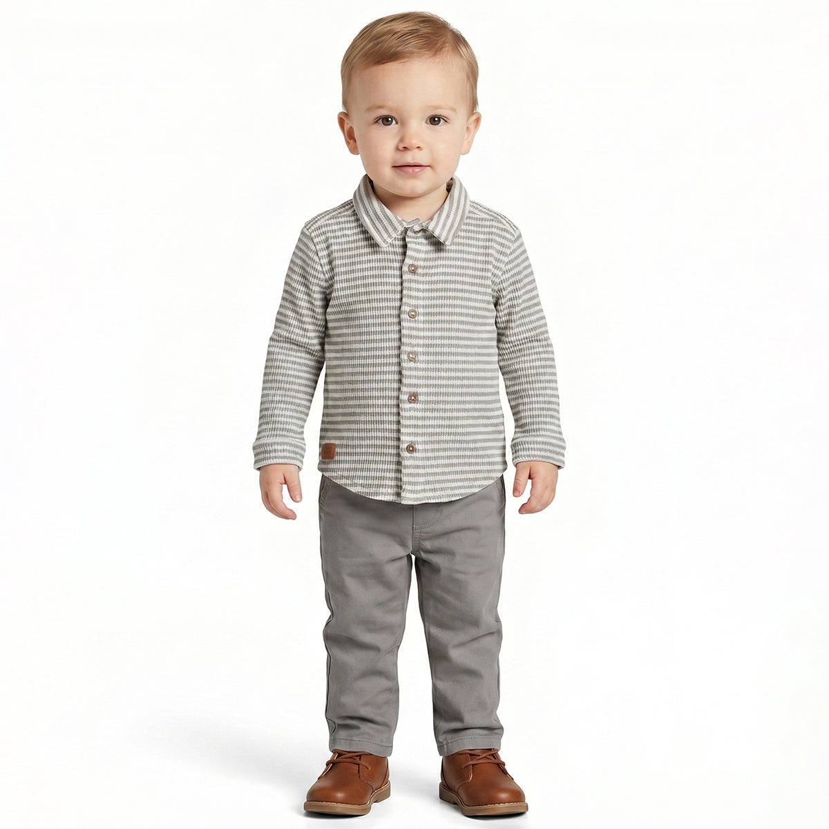 Baby Boys Grey Waffle Texture Shirt Regular Fit Casual Kids Wear