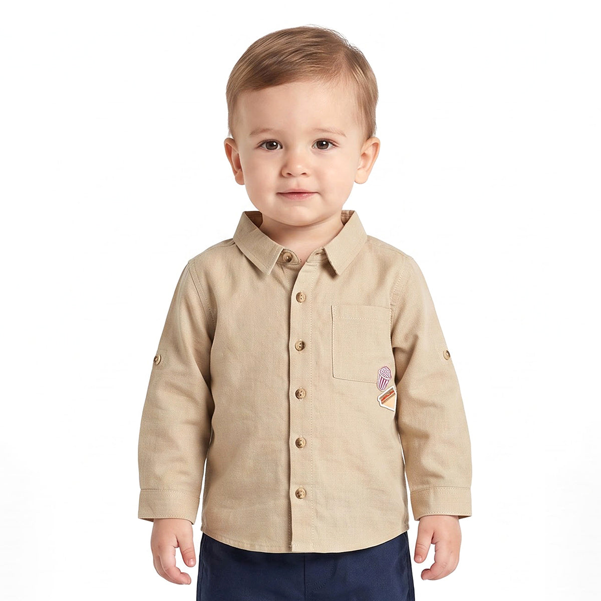 Baby Boys Beige Cotton Blend Food Motif Shirt Regular Fit Casual Wear