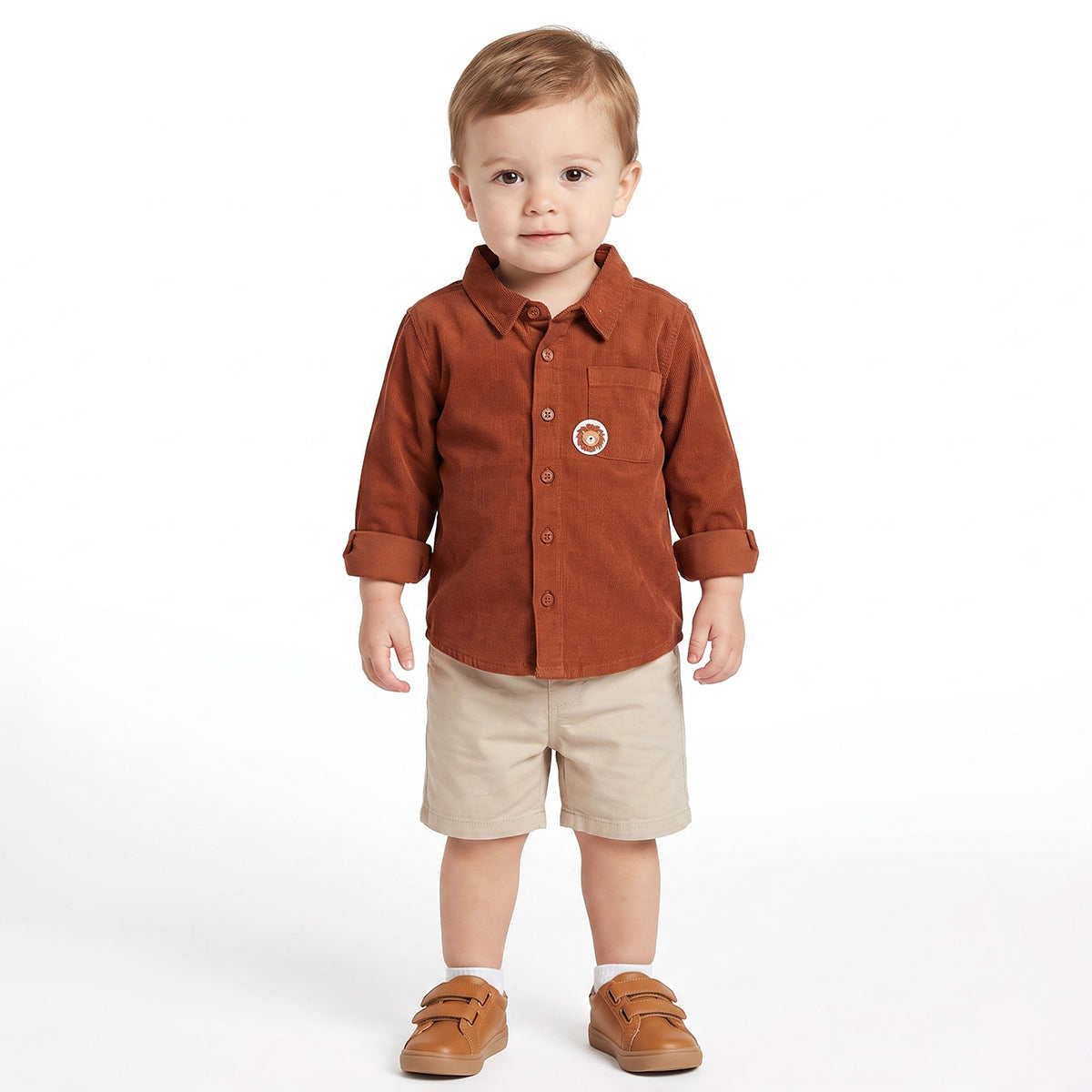 Baby Boys Rust Brown Cotton Blend Lion Patch Corduroy Shirt