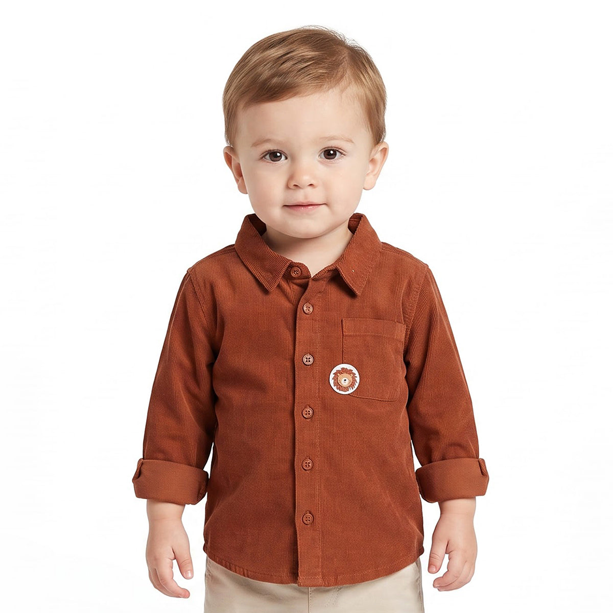 Baby Boys Rust Brown Cotton Blend Lion Patch Corduroy Shirt