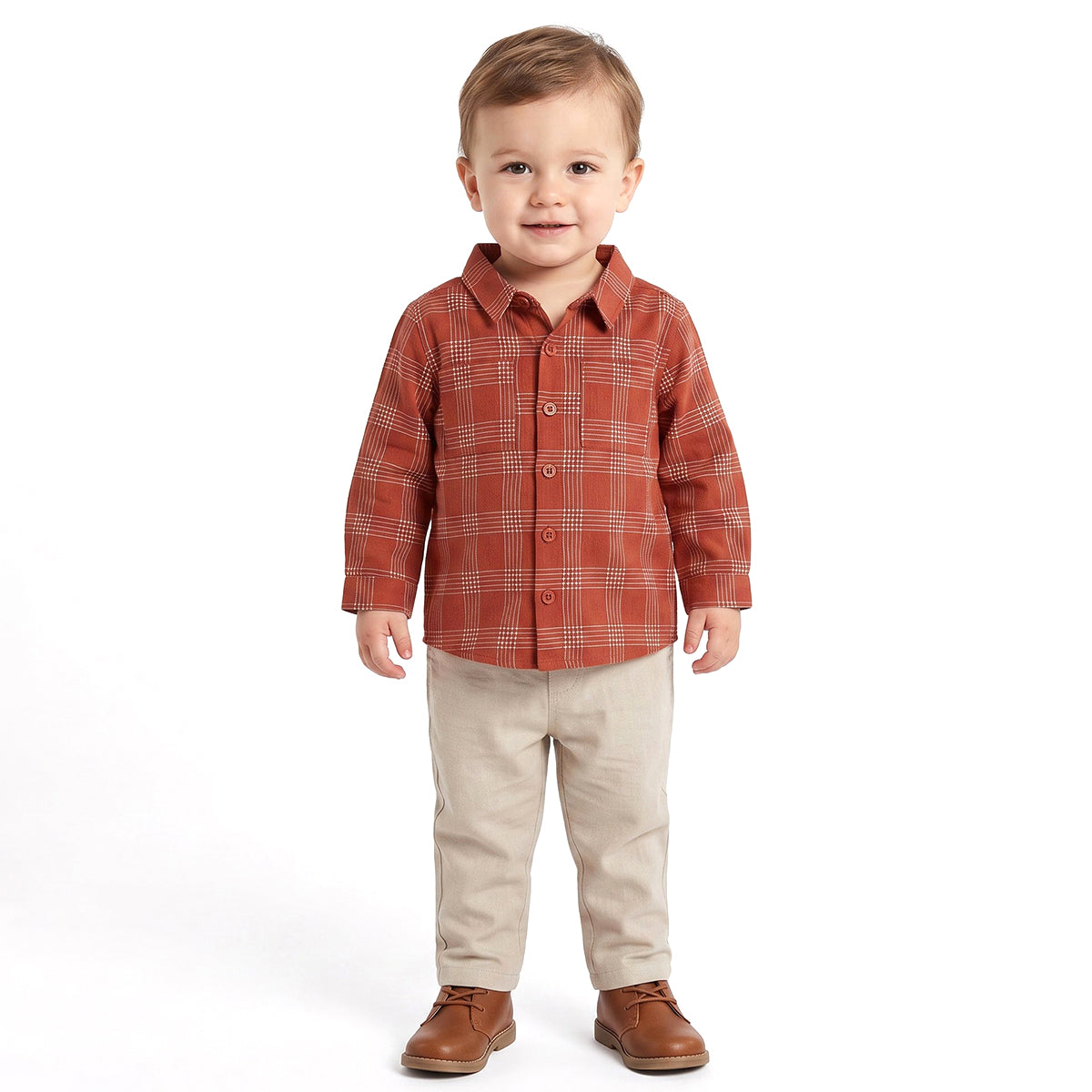 Baby Boys Rust Red Cotton Checked Shirt Regular Fit Casual Wear