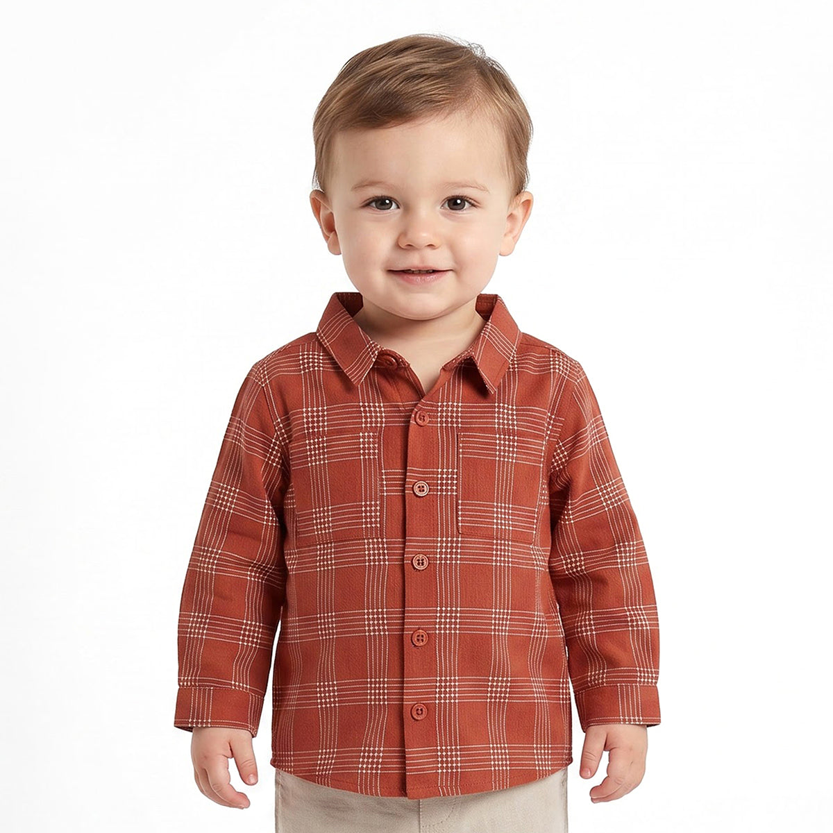 Baby Boys Rust Red Cotton Checked Shirt Regular Fit Casual Wear