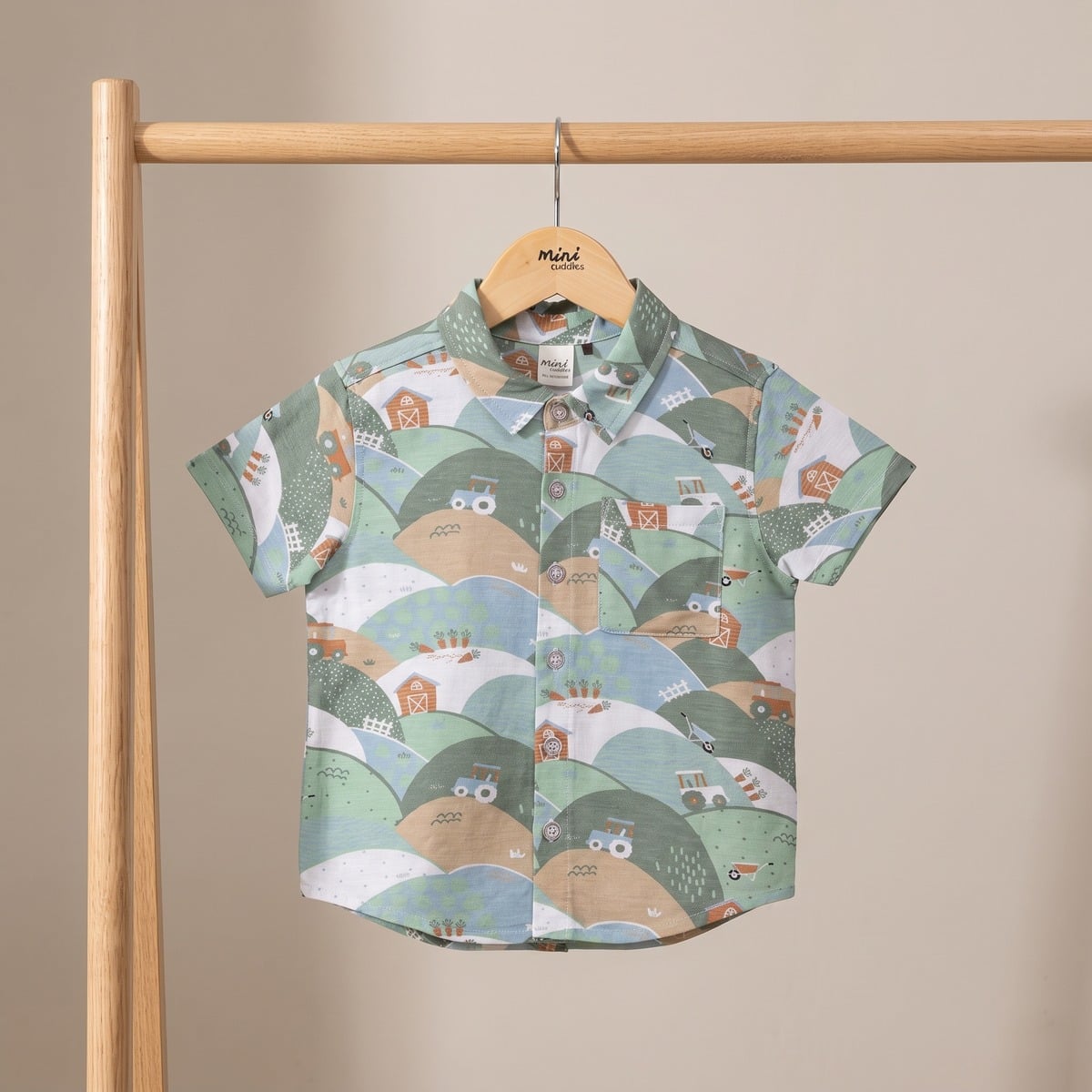 Baby Boys Sage Green Cotton Farm Printed Short Sleeve Shirt Regular Fit Casual Wear