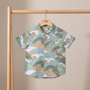 Baby Boys Sage Green Cotton Farm Printed Short Sleeve Shirt Regular Fit Casual Wear