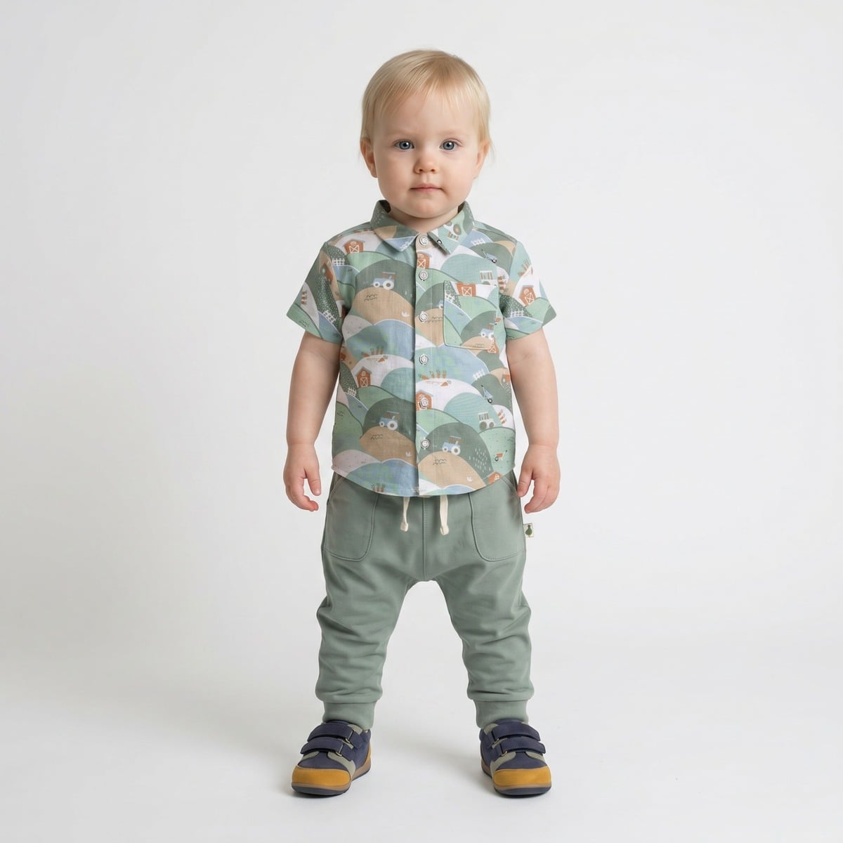 Baby Boys Sage Green Cotton Farm Printed Short Sleeve Shirt Regular Fit Casual Wear