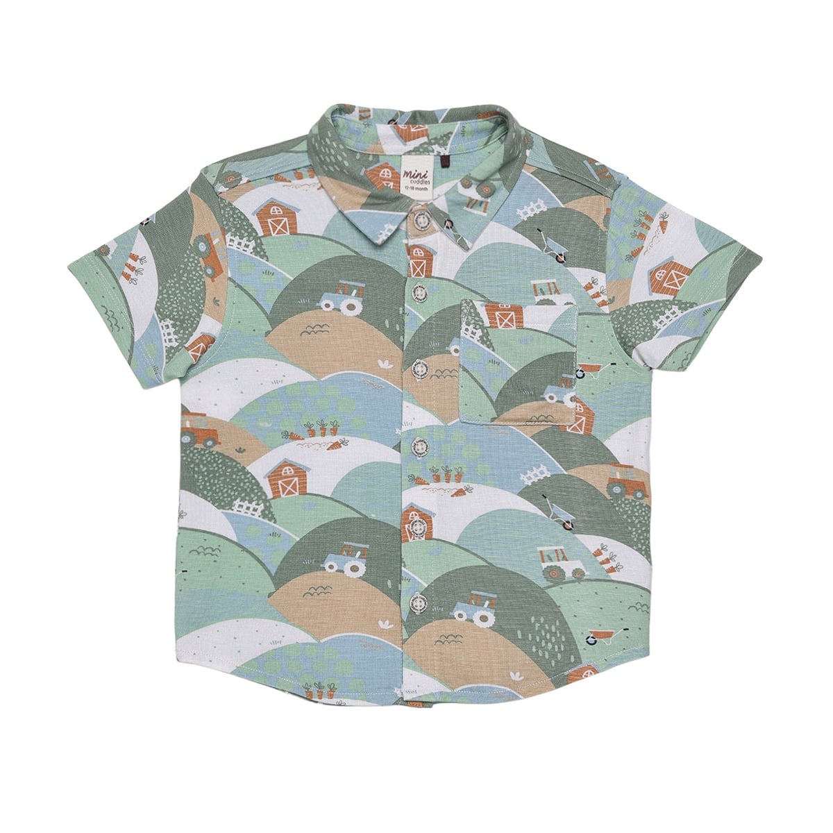 Baby Boys Sage Green Cotton Farm Printed Short Sleeve Shirt Regular Fit Casual Wear