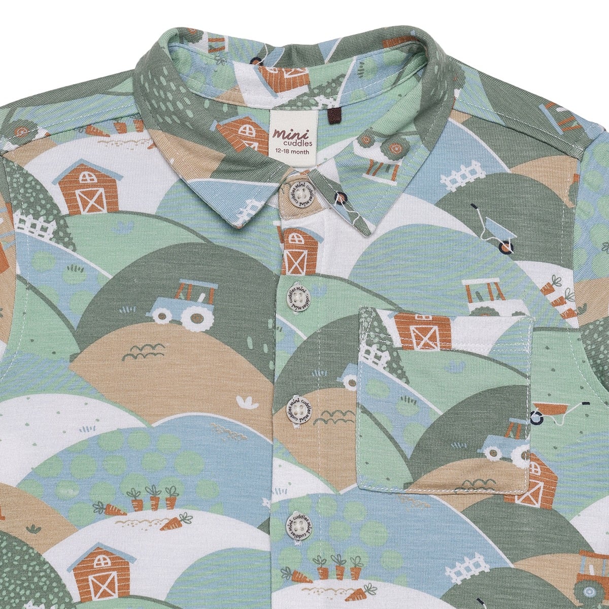 Baby Boys Sage Green Cotton Farm Printed Short Sleeve Shirt Regular Fit Casual Wear
