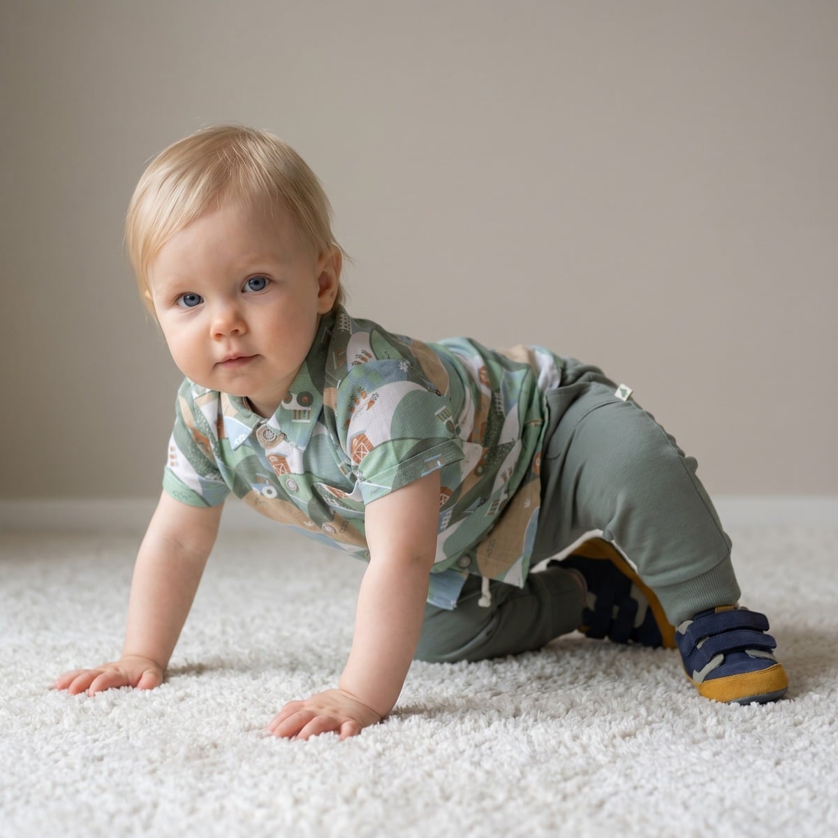 Baby Boys Sage Green Cotton Farm Printed Short Sleeve Shirt Regular Fit Casual Wear