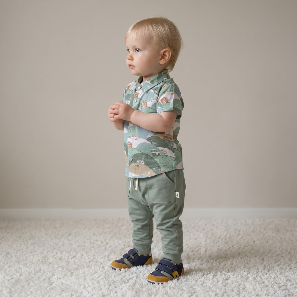 Baby Boys Sage Green Cotton Farm Printed Short Sleeve Shirt Regular Fit Casual Wear