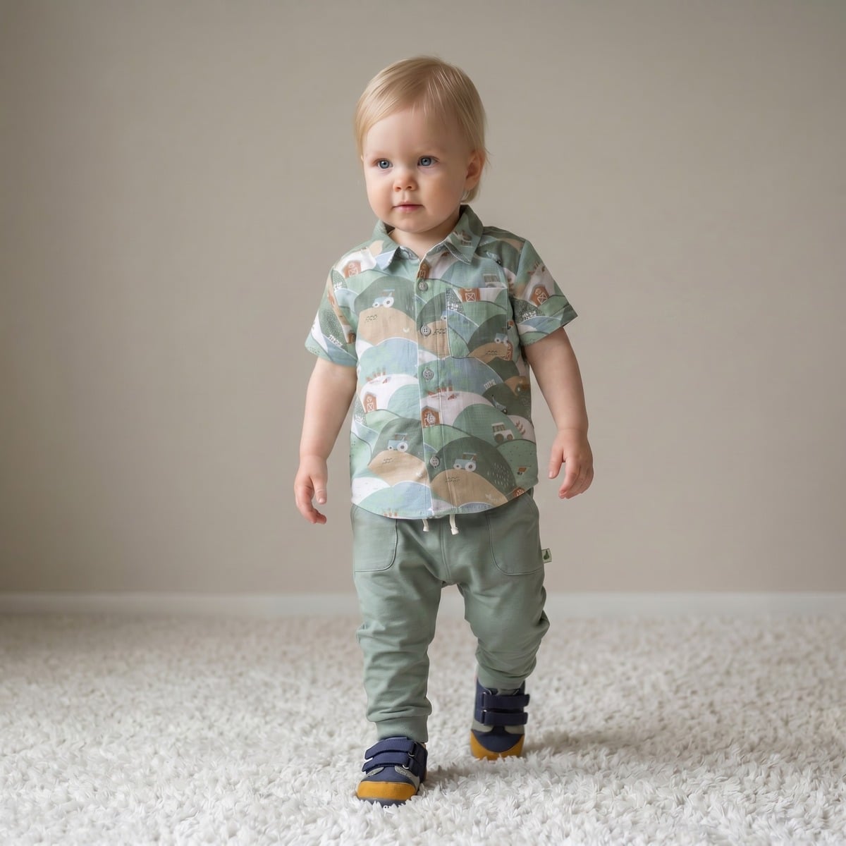 Baby Boys Sage Green Cotton Farm Printed Short Sleeve Shirt Regular Fit Casual Wear