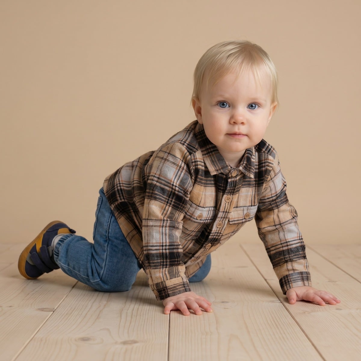 aby Boys Beige Grey And Black Cotton Blend Checked Full Sleeve Shirt Regular Fit Casual Wear