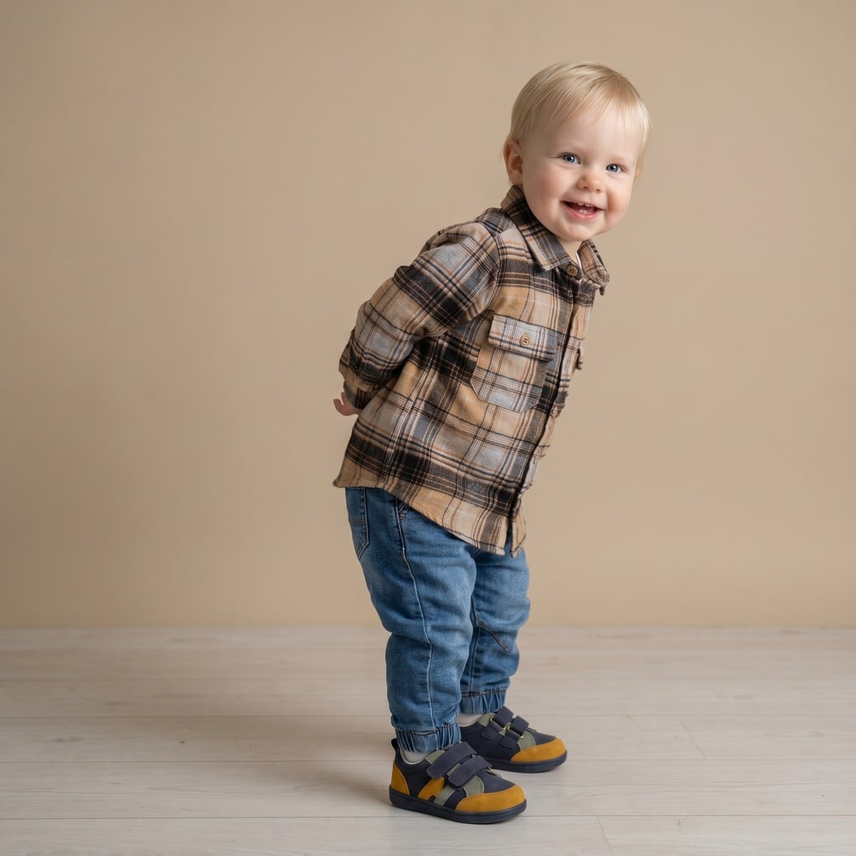 aby Boys Beige Grey And Black Cotton Blend Checked Full Sleeve Shirt Regular Fit Casual Wear