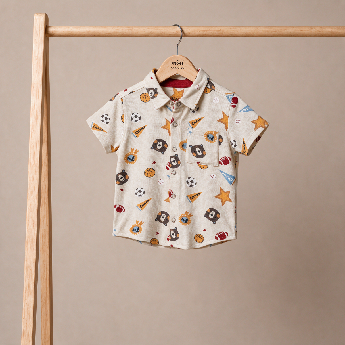 Baby Boys Beige Cotton Blend Sports And Bear Printed Short Sleeve Shirt Regular Fit Casual Wear