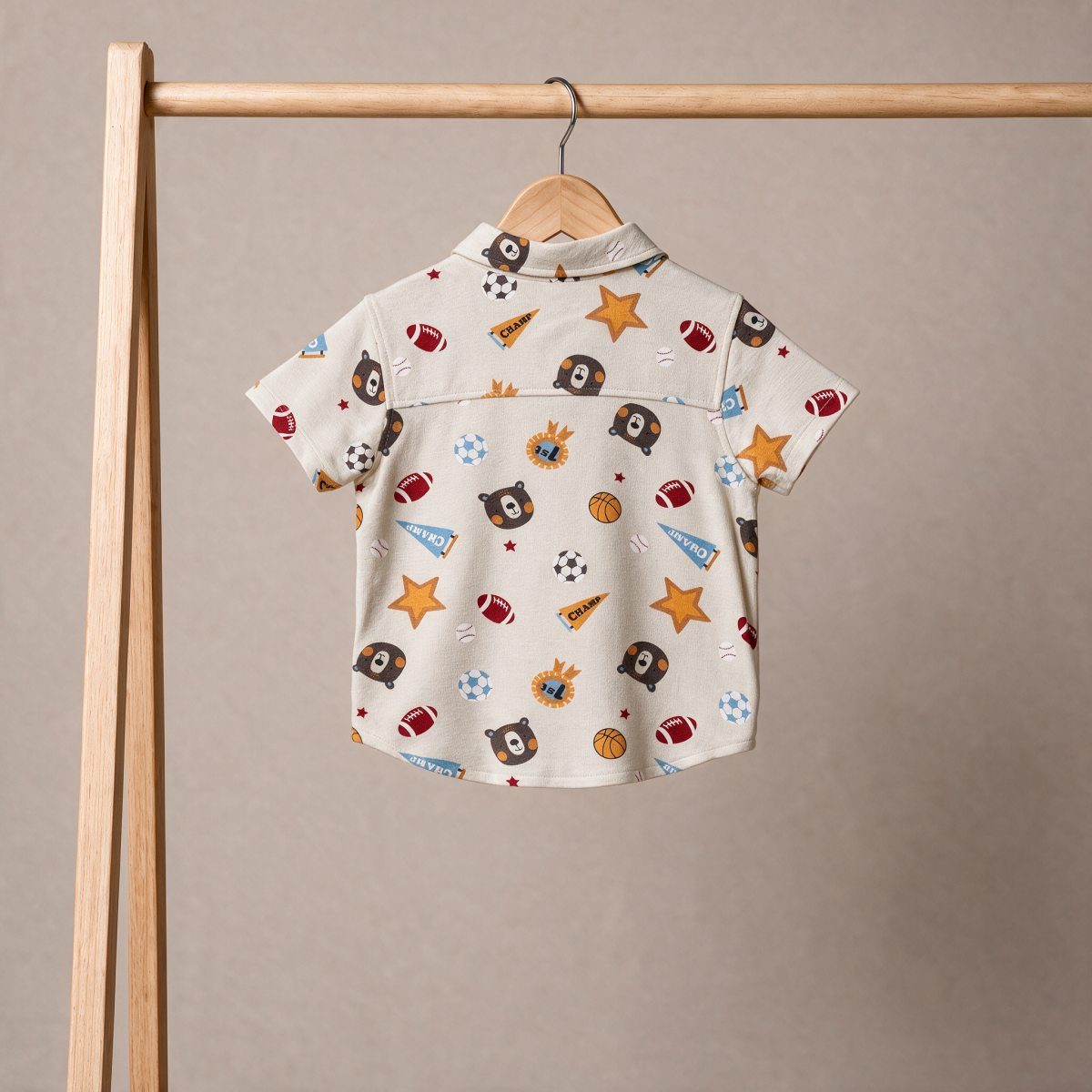 Baby Boys Beige Cotton Blend Sports And Bear Printed Short Sleeve Shirt Regular Fit Casual Wear