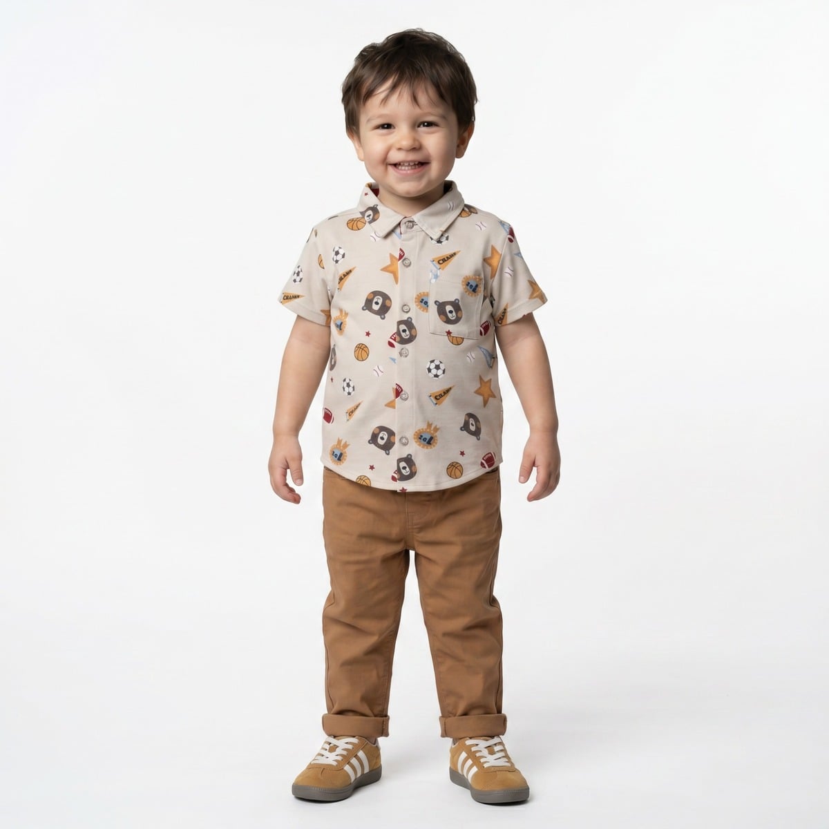 Baby Boys Beige Cotton Blend Sports And Bear Printed Short Sleeve Shirt Regular Fit Casual Wear