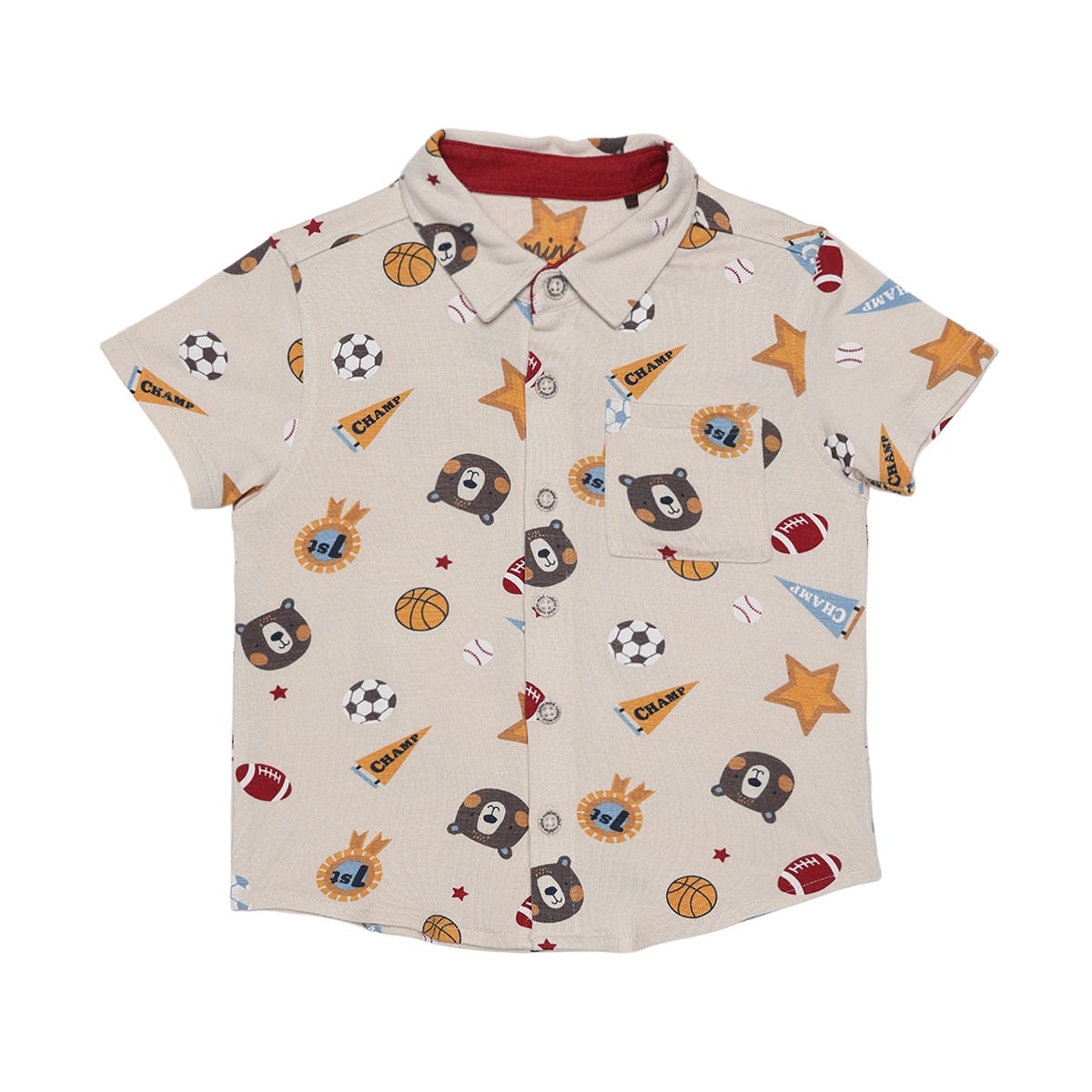 Baby Boys Beige Cotton Blend Sports And Bear Printed Short Sleeve Shirt Regular Fit Casual Wear